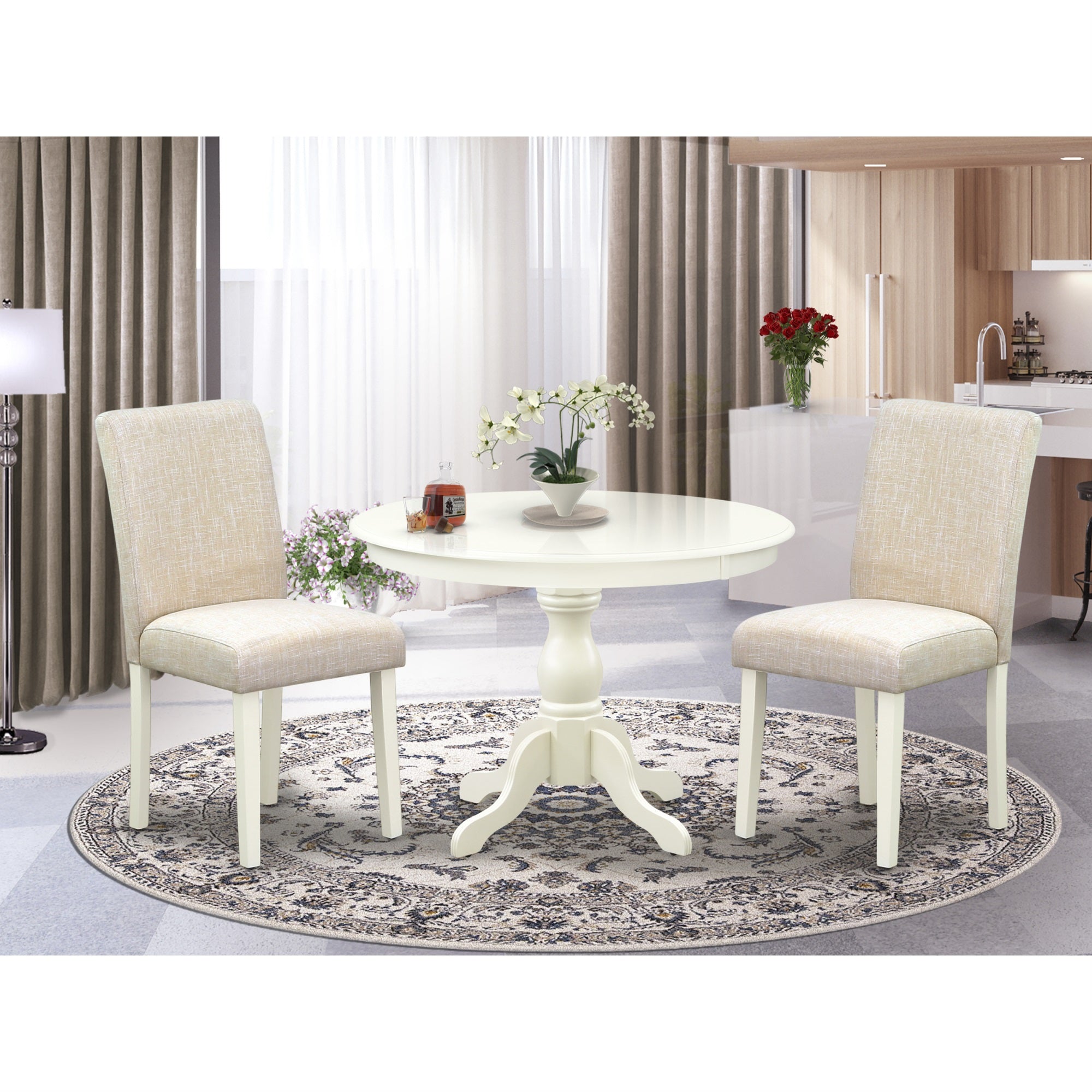 East West Furniture Hbba3-Lwh-01 3 Piece Dining Room Set - Linen White Dining Table And 2 Cream Linen Fabric Comfortable Chairs With High Back - Linen White Finish