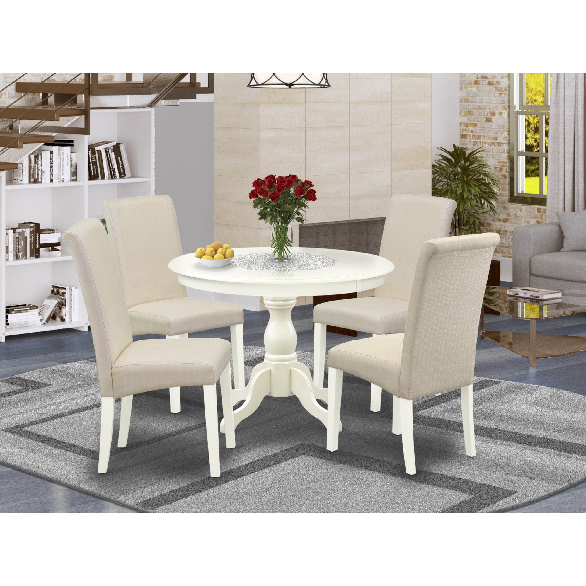 East West Furniture Hbba5-Lwh-01 5 Piece Dining Set - Linen White Round Dining Table And 4 Cream Linen Fabric Dining Chairs With High Back - Linen White Finish