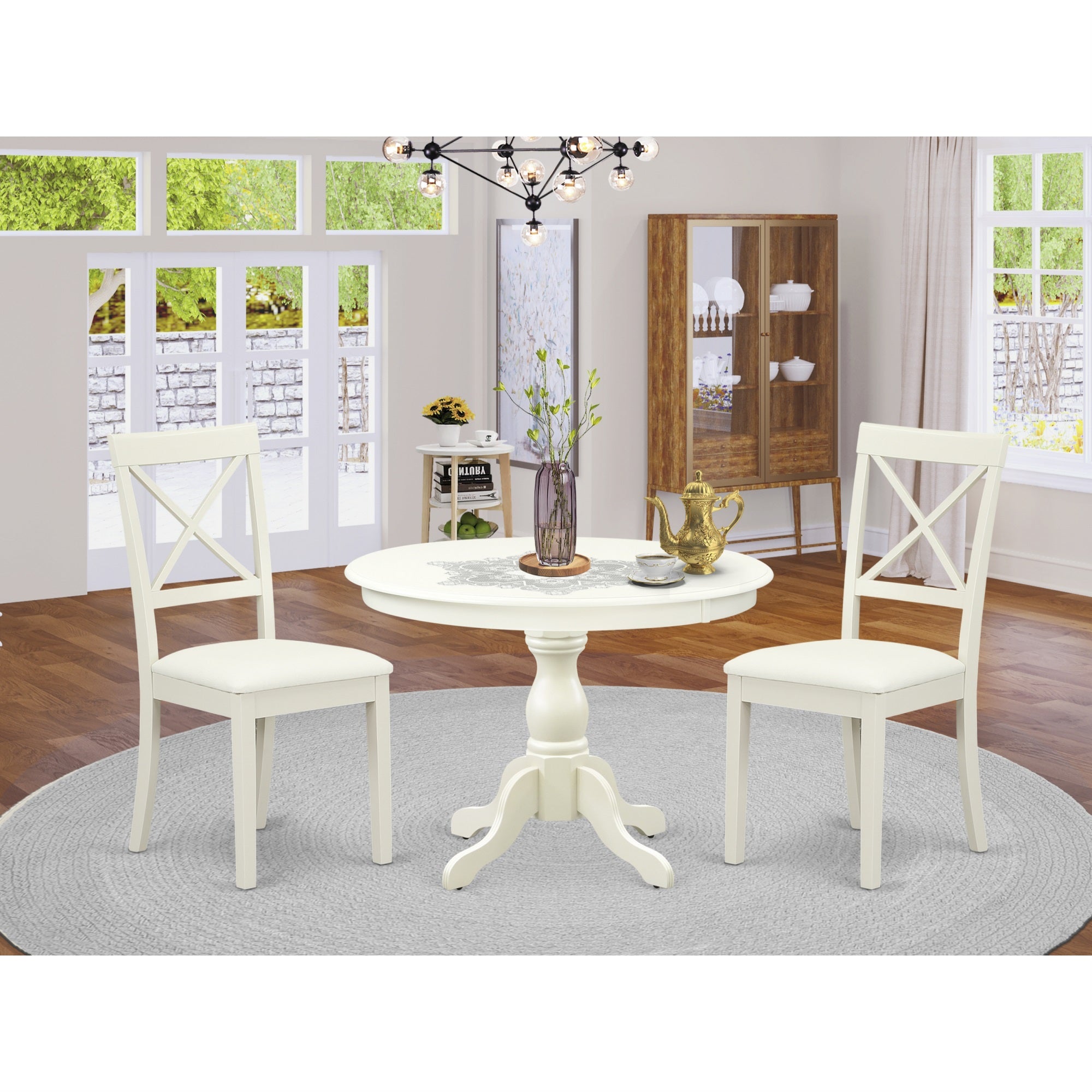 East West Furniture Hbbo3-Lwh-C 3 Piece Dining Room Set - Linen White Wood Table And 2 Linen White Faux Leather Dining Room Chairs With X-Back - Linen White Finish