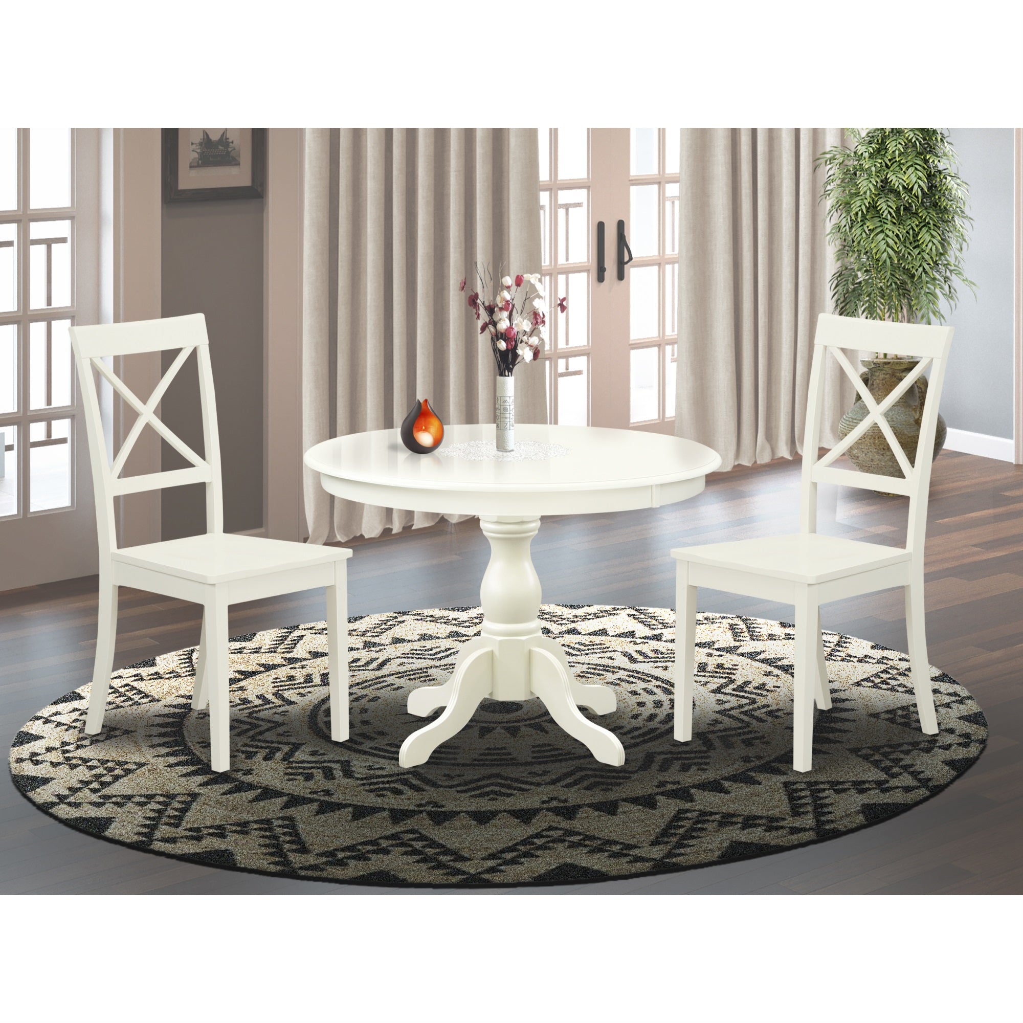 East West Furniture Hbbo3-Lwh-W 3 Piece Dining Room Set - Linen White Small Kitchen Table And 2 Linen White Kitchen & Dining Room Chairs With X-Back - Linen White Finish