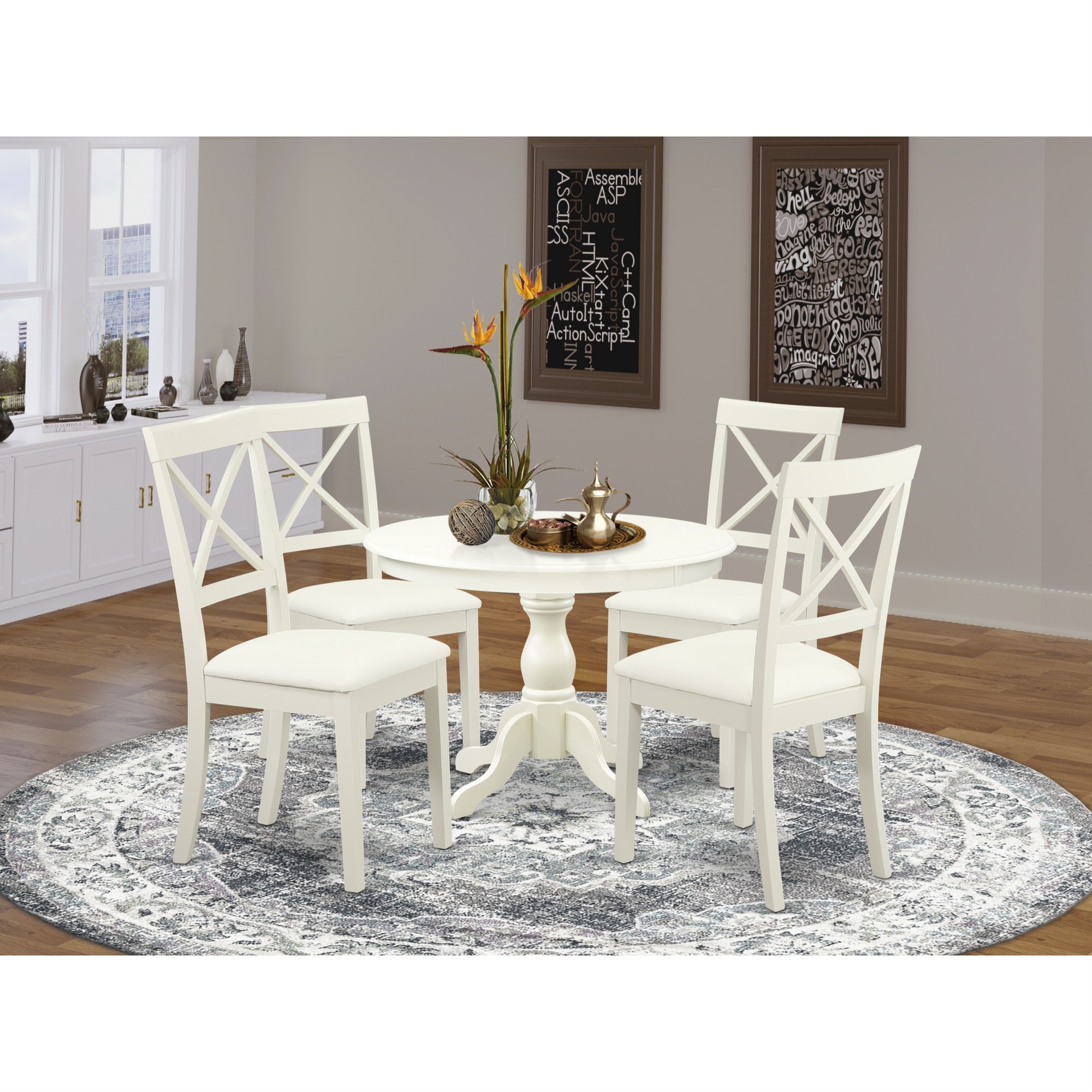 East West Furniture Hbbo5-Lwh-C 5 Piece Kitchen Table Set - Linen White Wooden Table With 4 Linen White Faux Leather Mid Century Modern Chairs With X-Back - Linen White Finish