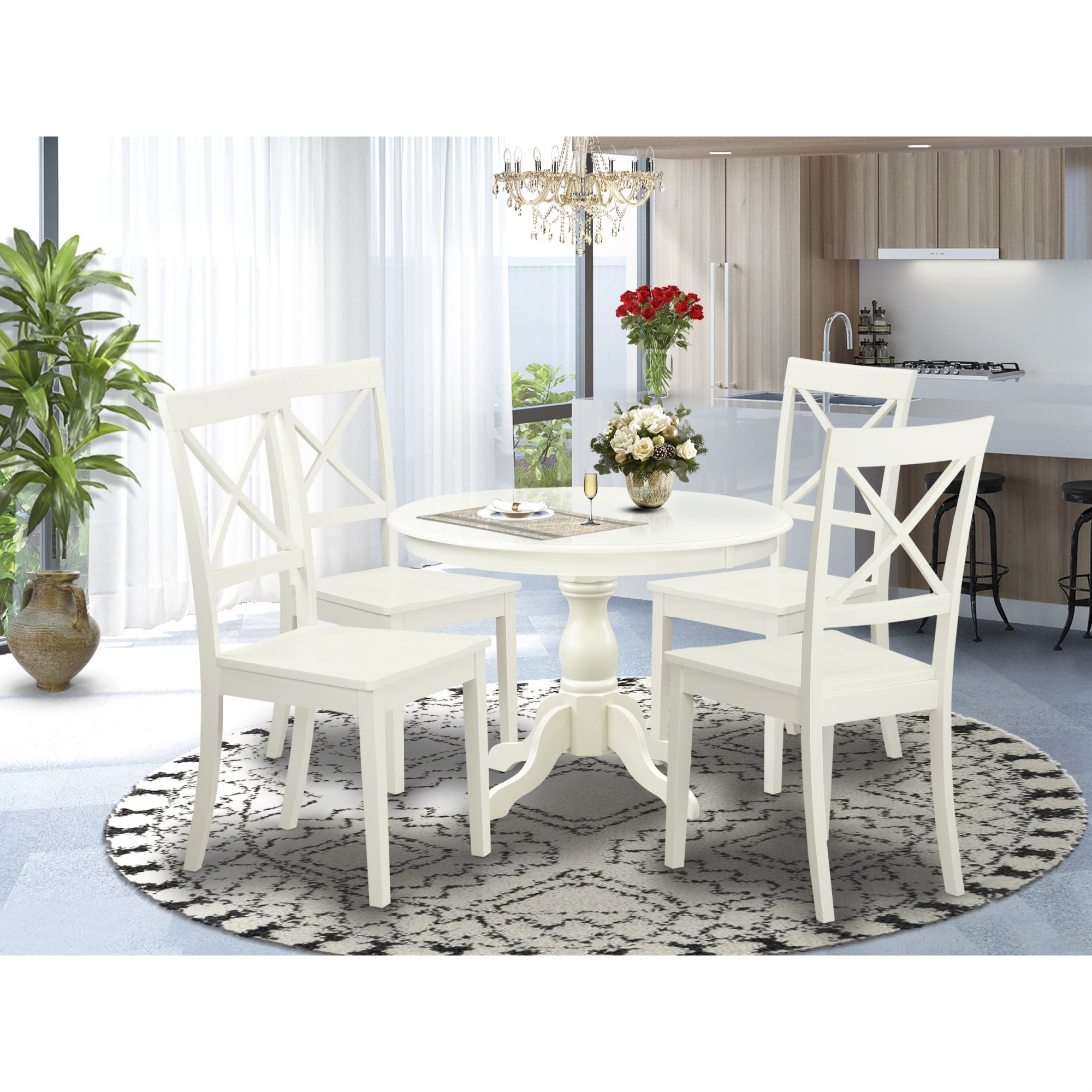 East West Furniture Hbbo5-Lwh-W 5 Piece Kitchen Set - Linen White Breakfast Table And 4 Linen White Chairs For Dining Room With X-Back - Linen White Finish