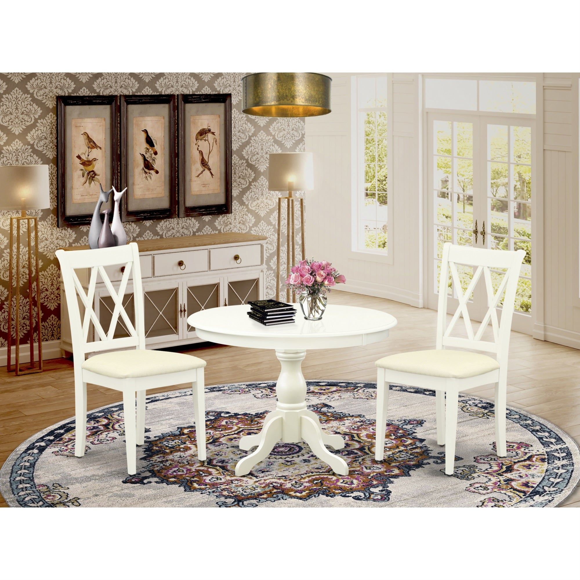 East West Furniture Hbcl3-Lwh-C 3 Piece Table Set - Linen White Small Dining Table And 2 Linen White Kitchen & Dining Room Chairs With Double X-Back - Linen White Finish