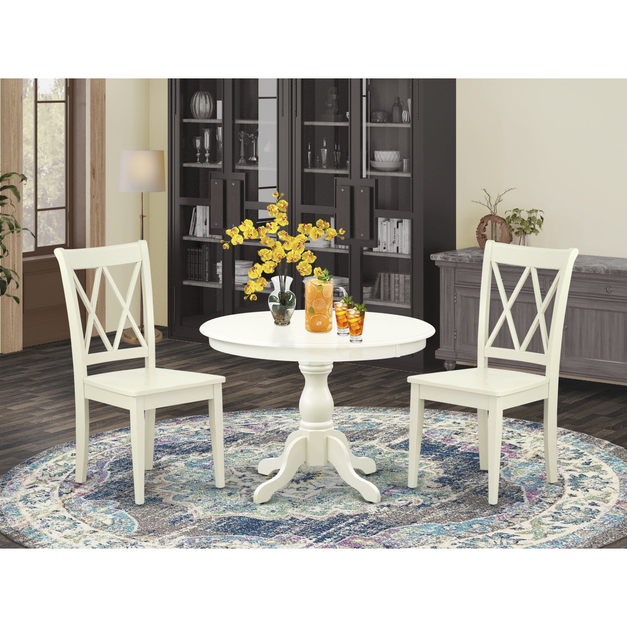 East West Furniture Hbcl3-Lwh-W 3 Piece Dining Table Set - Linen White Dinner Table And 2 Linen White Kitchen Chairs With Double X-Back - Linen White Finish