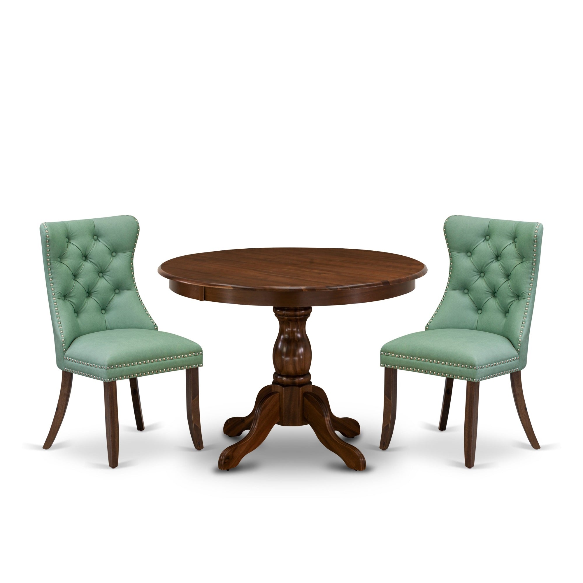 East West Furniture Hbda3-Awa-22 3 Piece Dining Set For Small Spacesincludes A Round Kitchen Table And 2 Upholstered Parson Chairs, 42X42 Inch, Antique Walnut