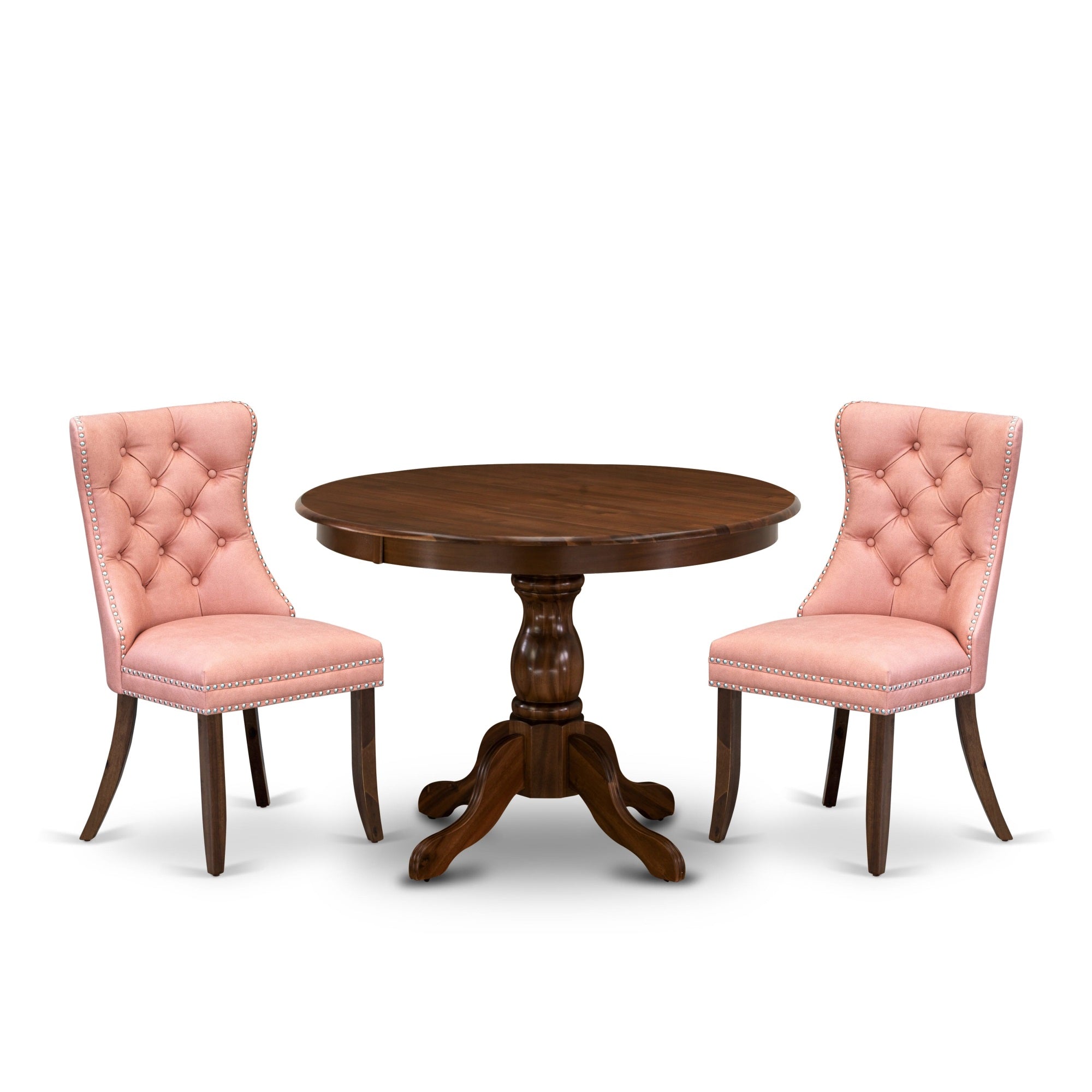 East West Furniture Hbda3-Awa-23 3 Piece Kitchen Table Set Contains A Round Dining Table And 2 Upholstered Parson Chairs, 42X42 Inch, Antique Walnut