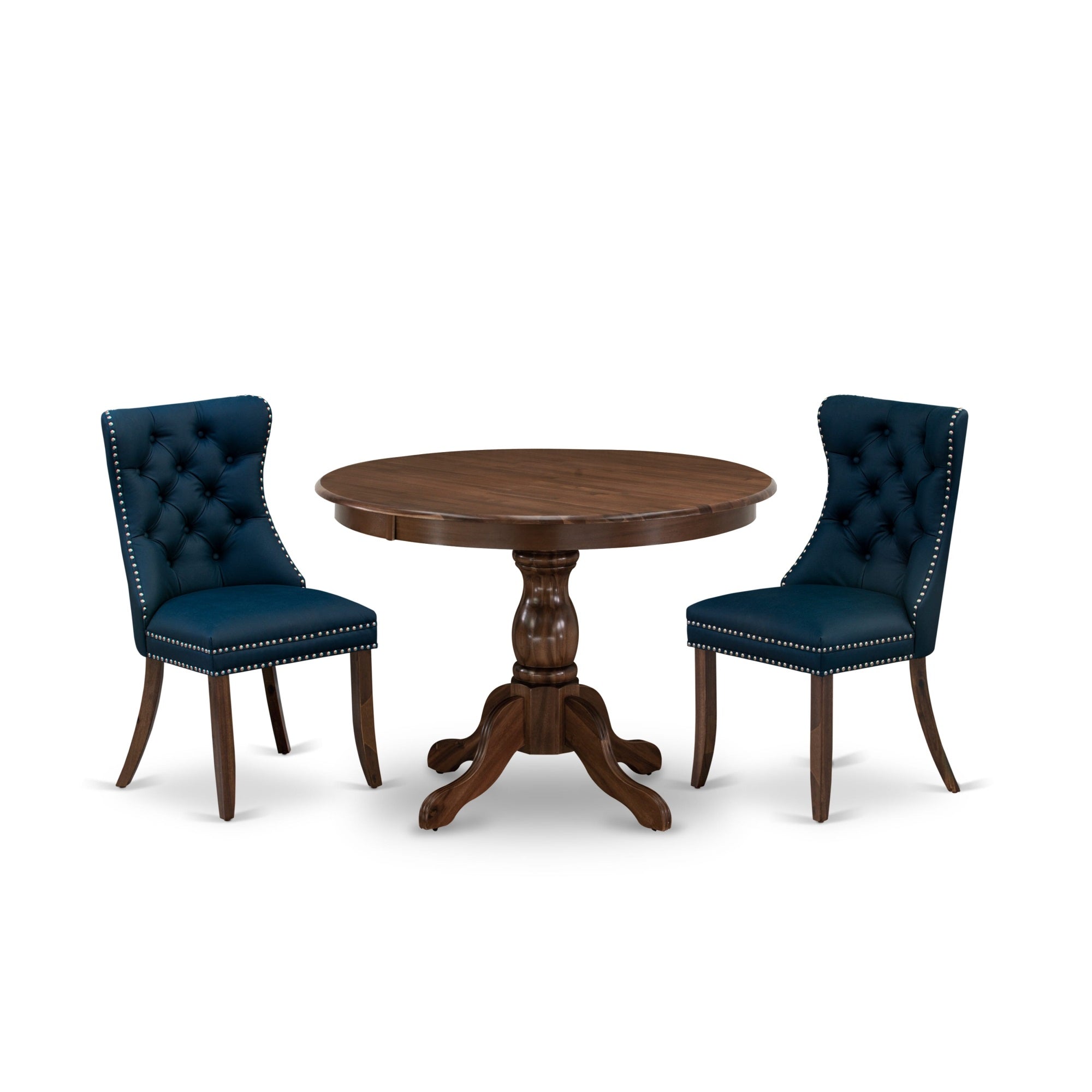 East West Furniture Hbda3-Awa-29 3 Piece Kitchen Table & Chairs Set Contains A Round Dining Table And 2 Upholstered Parson Chairs, 42X42 Inch, Antique Walnut