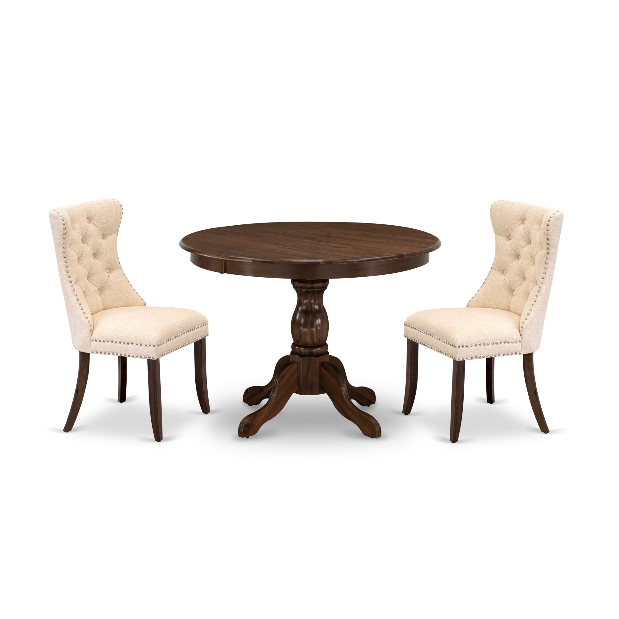 East West Furniture Hbda3-Awa-32 3 Piece Kitchen Table & Chairs Set Includes A Round Modern Dining Table And 2 Padded Chairs, 42X42 Inch, Antique Walnut