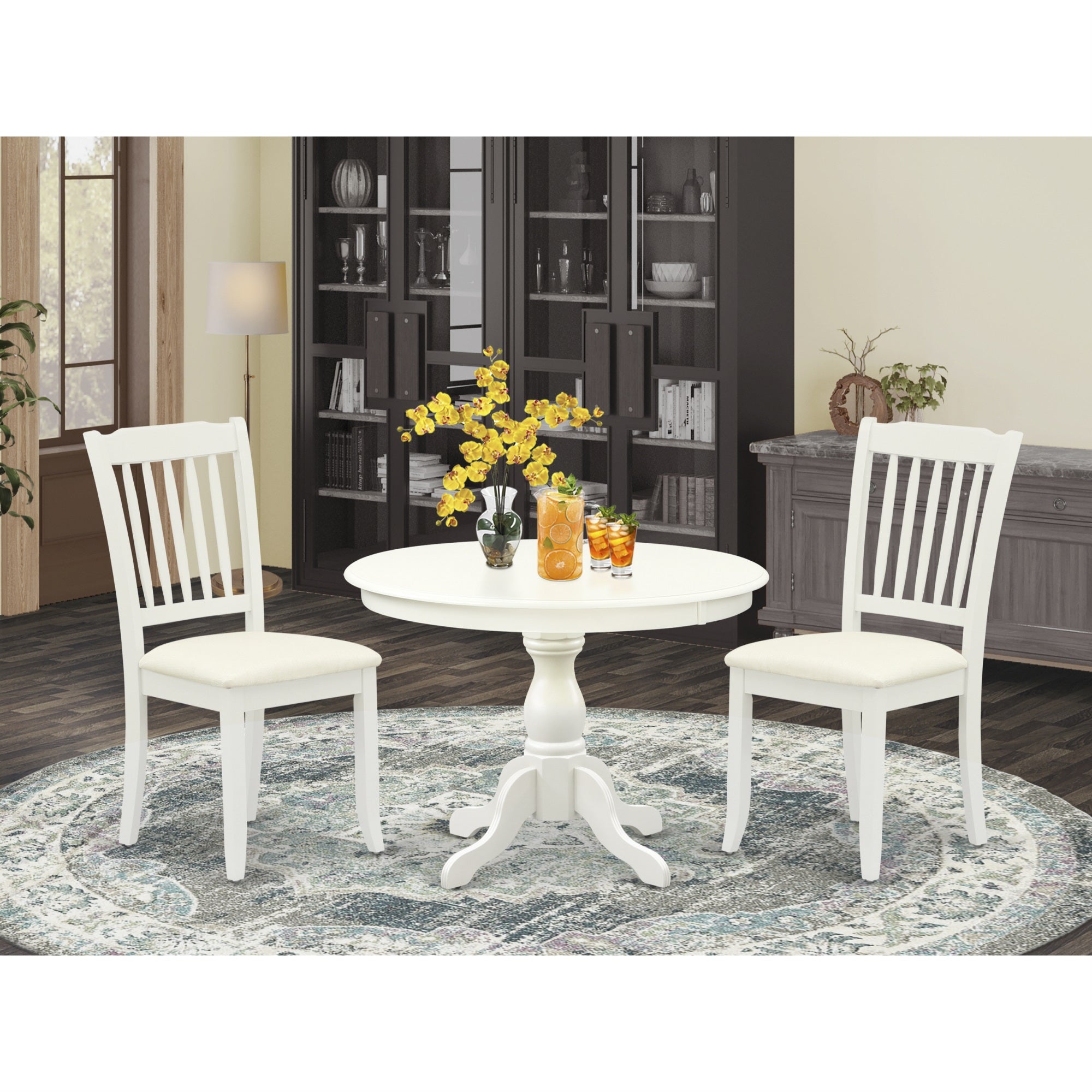 East West Furniture Hbda3-Lwh-C 3 Piece Kitchen Set - Linen White Wood Table And 2 Linen White Chairs For Dining Room With Slatted Back - Linen White Finish