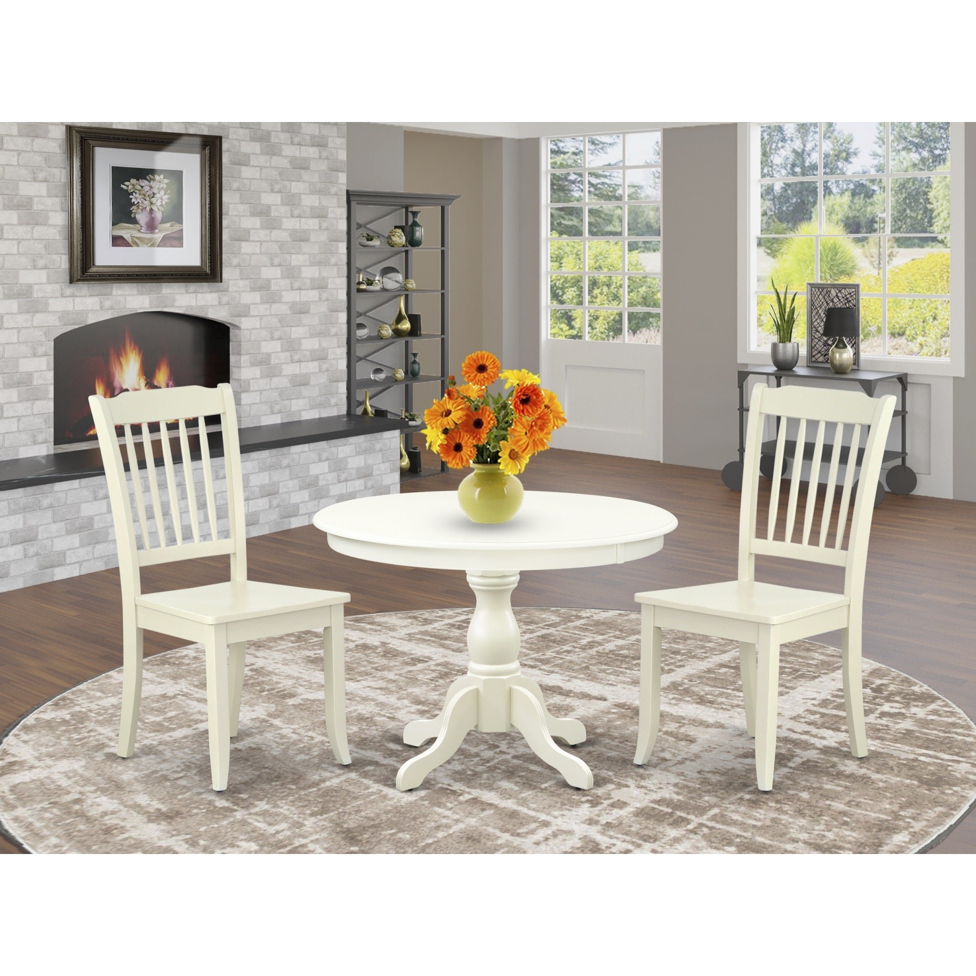 East West Furniture Hbda3-Lwh-W 3 Piece Modern Dining Table Set - Linen White Breakfast Table And 2 Linen White Dining Chairs With Slatted Back - Linen White Finish