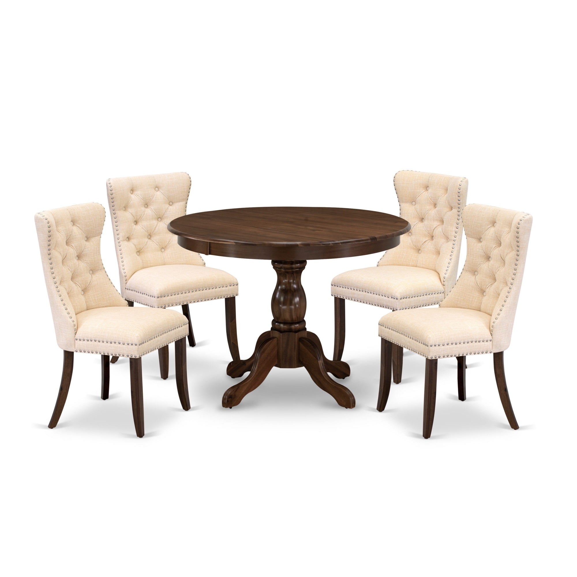 East West Furniture Hbda5-Awa-32 5 Piece Dinette Set Contains A Round Kitchen Dining Table And 4 Upholstered Parson Chairs, 42X42 Inch, Antique Walnut