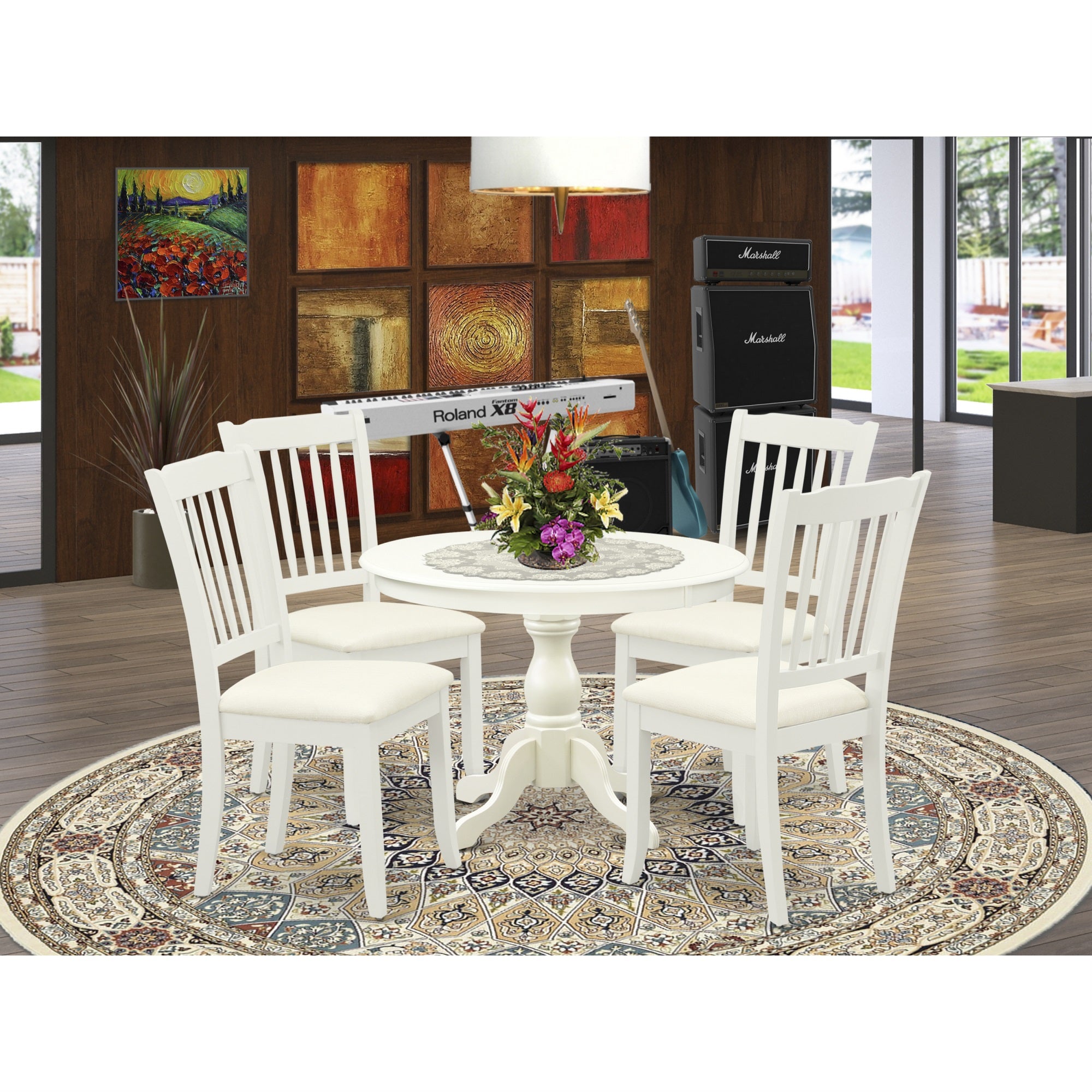 East West Furniture Hbda5-Lwh-C 5 Piece Kitchen Set - Linen White Round Dining Table And 4 Linen White Dining Chairs With Slatted Back - Linen White Finish