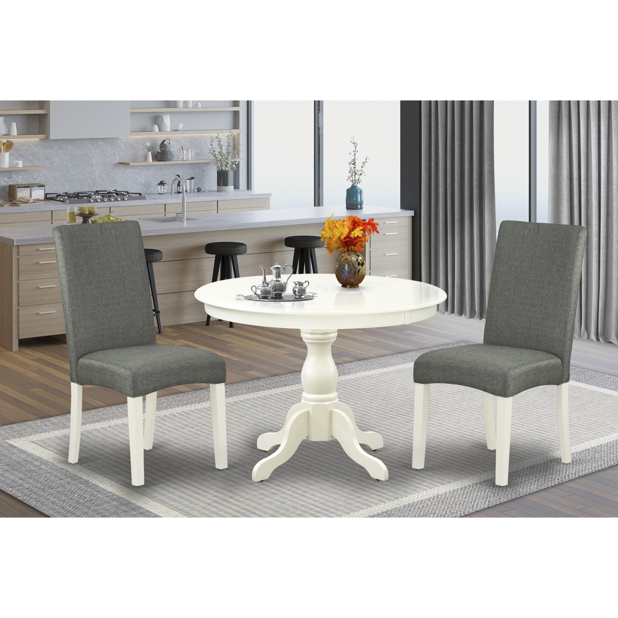 East West Furniture Hbdr3-Lwh-07 3 Piece Dining Table Set - Linen White Small Kitchen Table And 2 Grey Linen Fabric Chairs For Dining Room With High Back - Linen White Finish