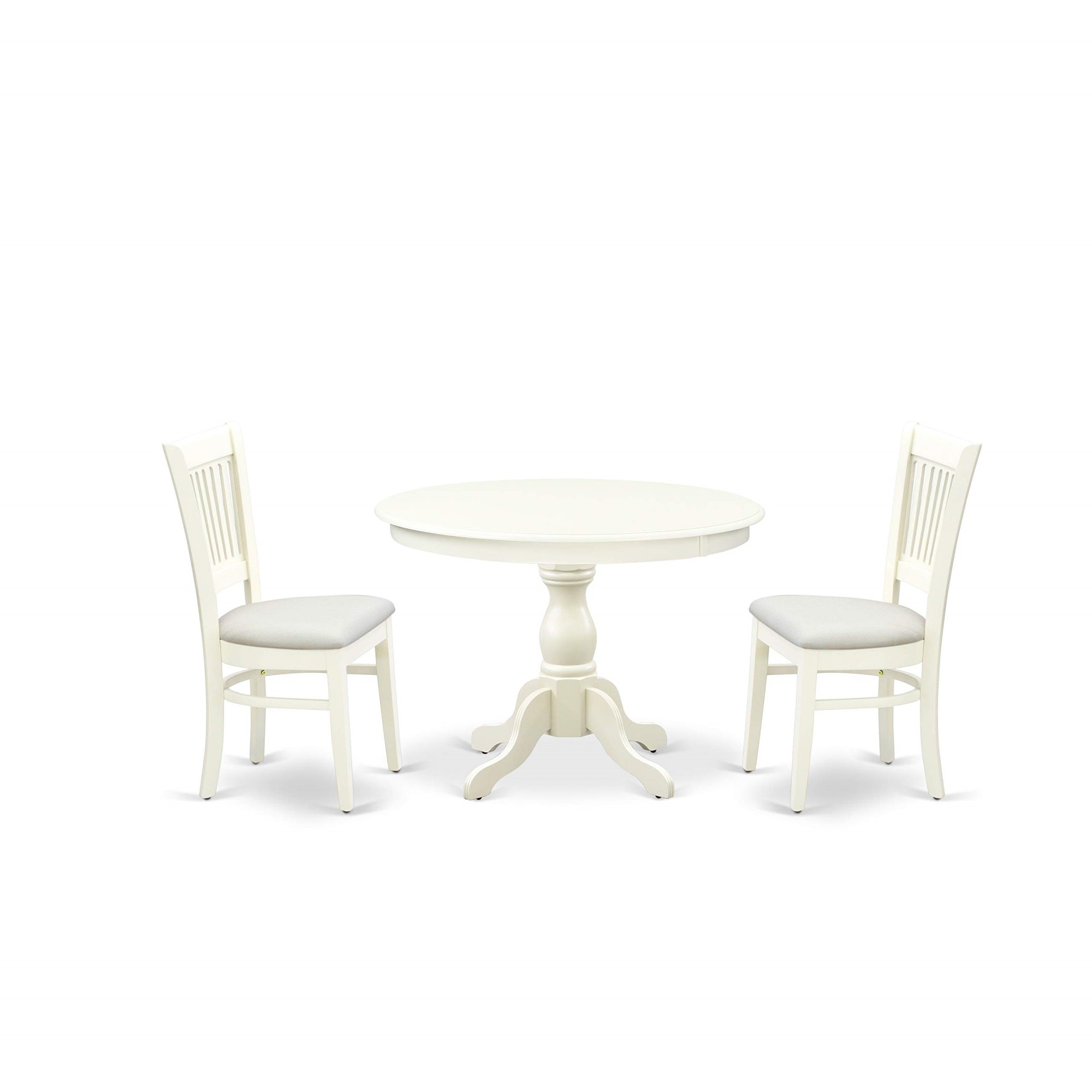 East West Furniture Hbva3-Lwh-C Hartland 3 Piece Set Contains A Round Dining Room Table With Pedestal And 2 Linen Fabric Upholstered Chairs, 42X42 Inch
