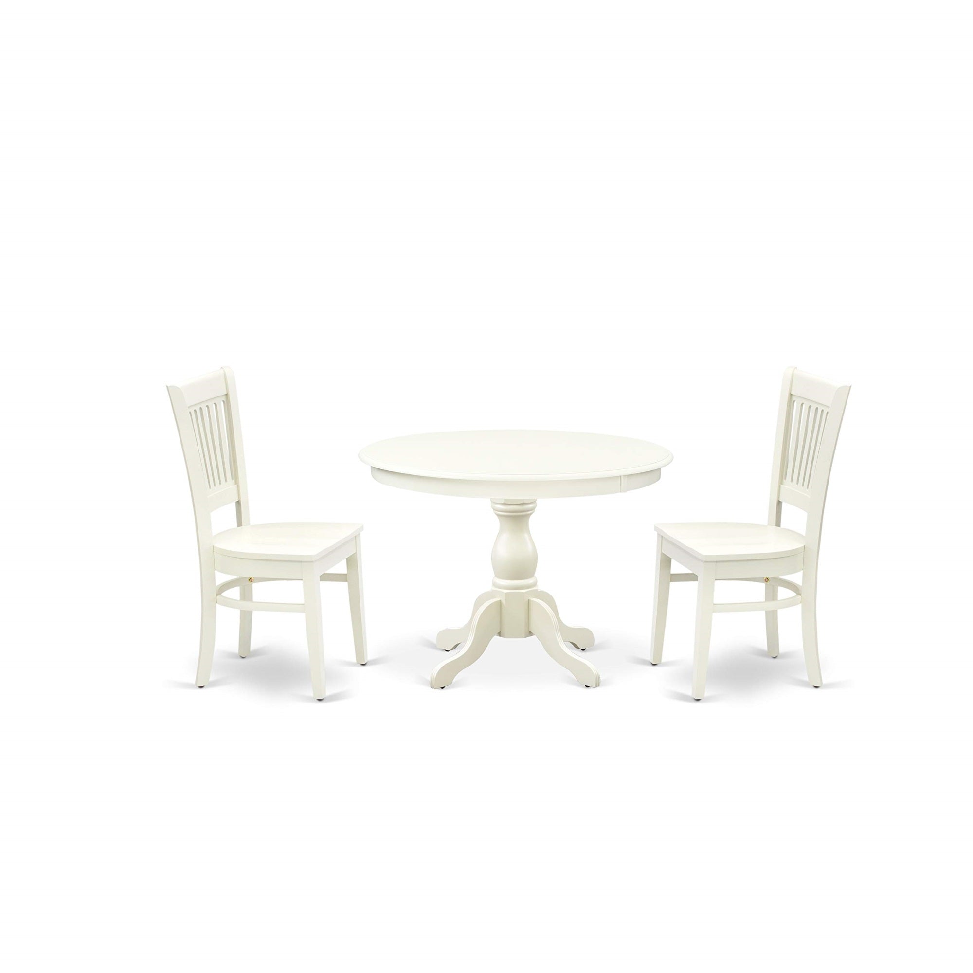 East West Furniture Hbva3-Lwh-W Hartland 3 Piece Room Furniture Set Contains A Round Dining Table With Pedestal And 2 Wood Seat Chairs, 42X42 Inch