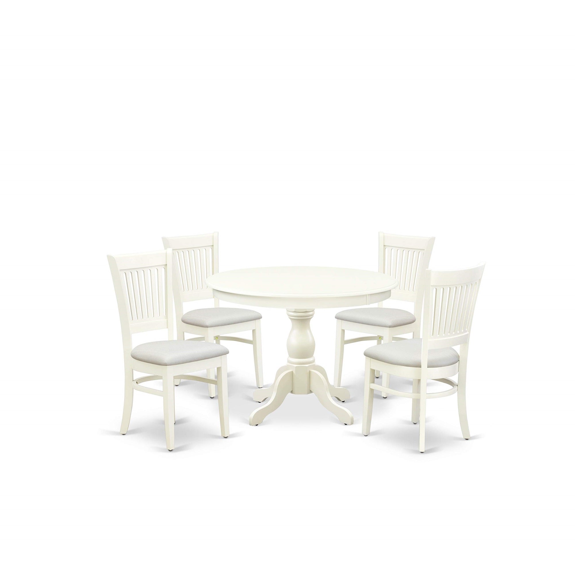 Ergode Hbva5-Lwh-C, 5-Piece Dining Set, Round Kitchen Table With Pedestal, 4 Linen Fabric Upholstered Chairs, Asian Solid Wood, 42X42 Inch