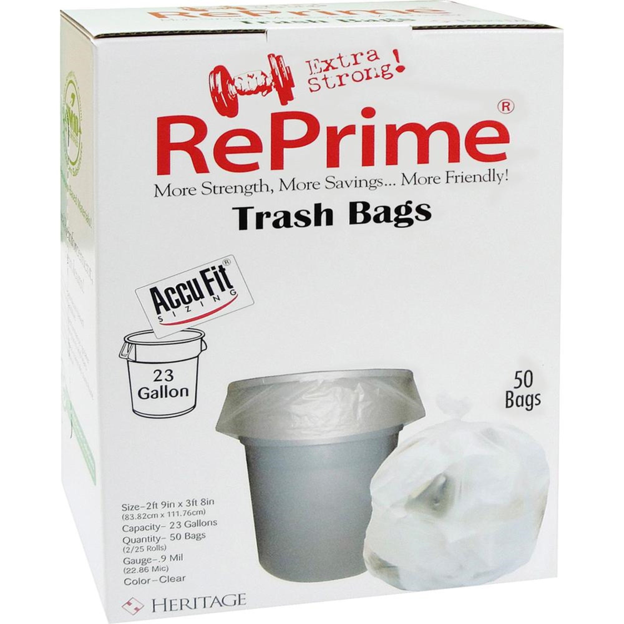 Heritage Accufit Reprime Trash Bags - 23 Gal Capacity - 28 Width X 45 Length - 0.90 Mil (23 Micron) Thickness - Low Density - Cl