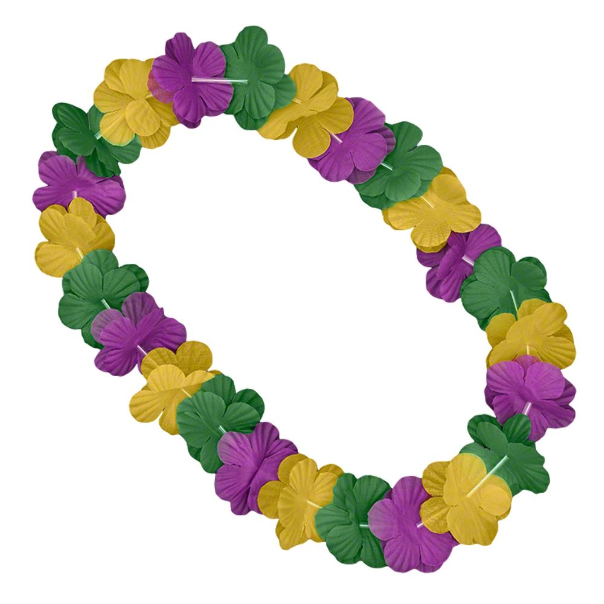 Hawaiian Flower Mardi Gras Lei Necklace Purple Green Gold