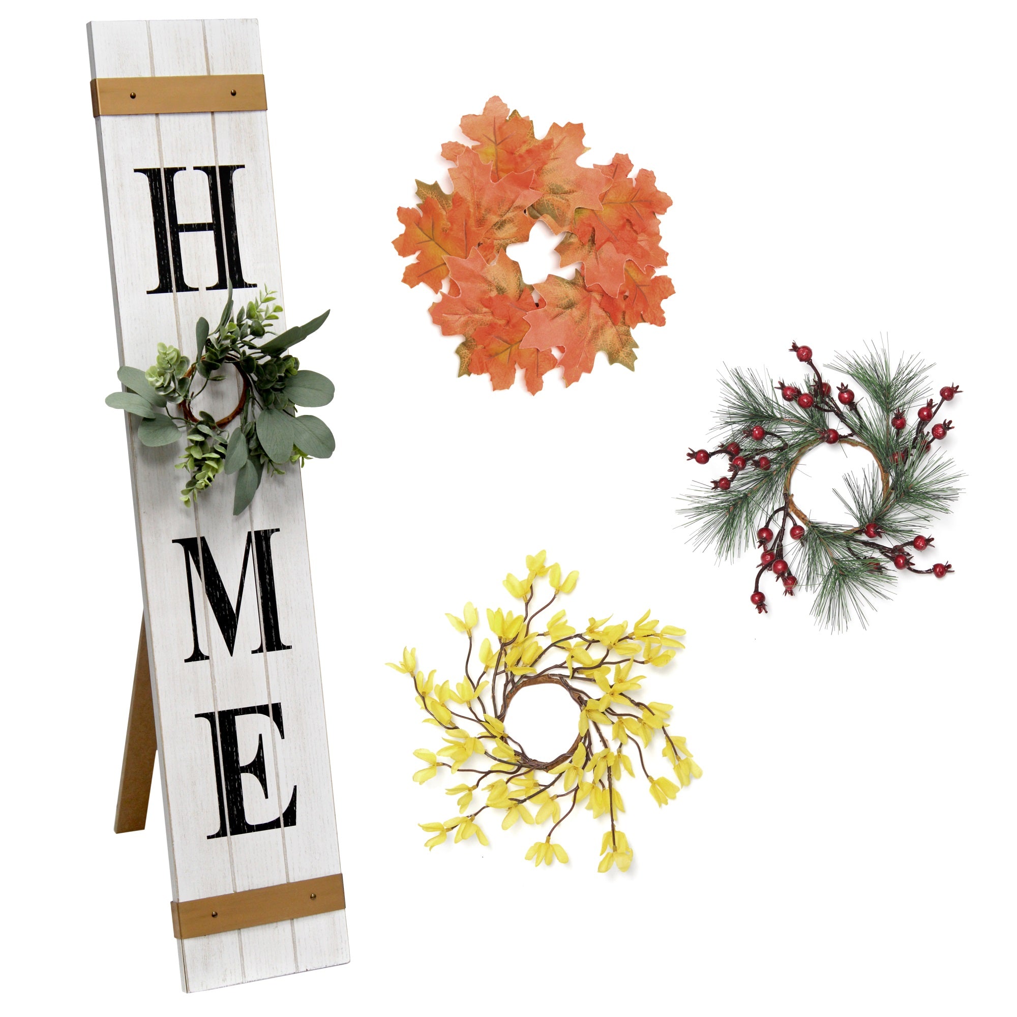Elegant Designs Seasonal Wooden 'Home' Porch Sign With 4 Interchangeable Floral Wreaths, White Wash