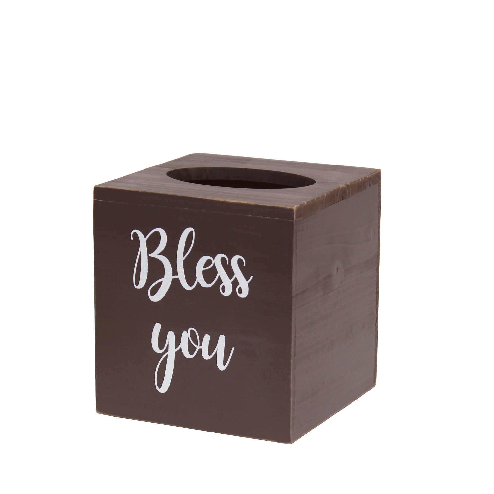Elegant Designs Decorix Farmhouse Square Wooden Decorative Tissue Box Cover With 'Bless You' Script In White And Sliding Base For Vanity, Bathroom, Bedroom, Livingroom, Office, Home, Nightstand, Desk, Table, Brown