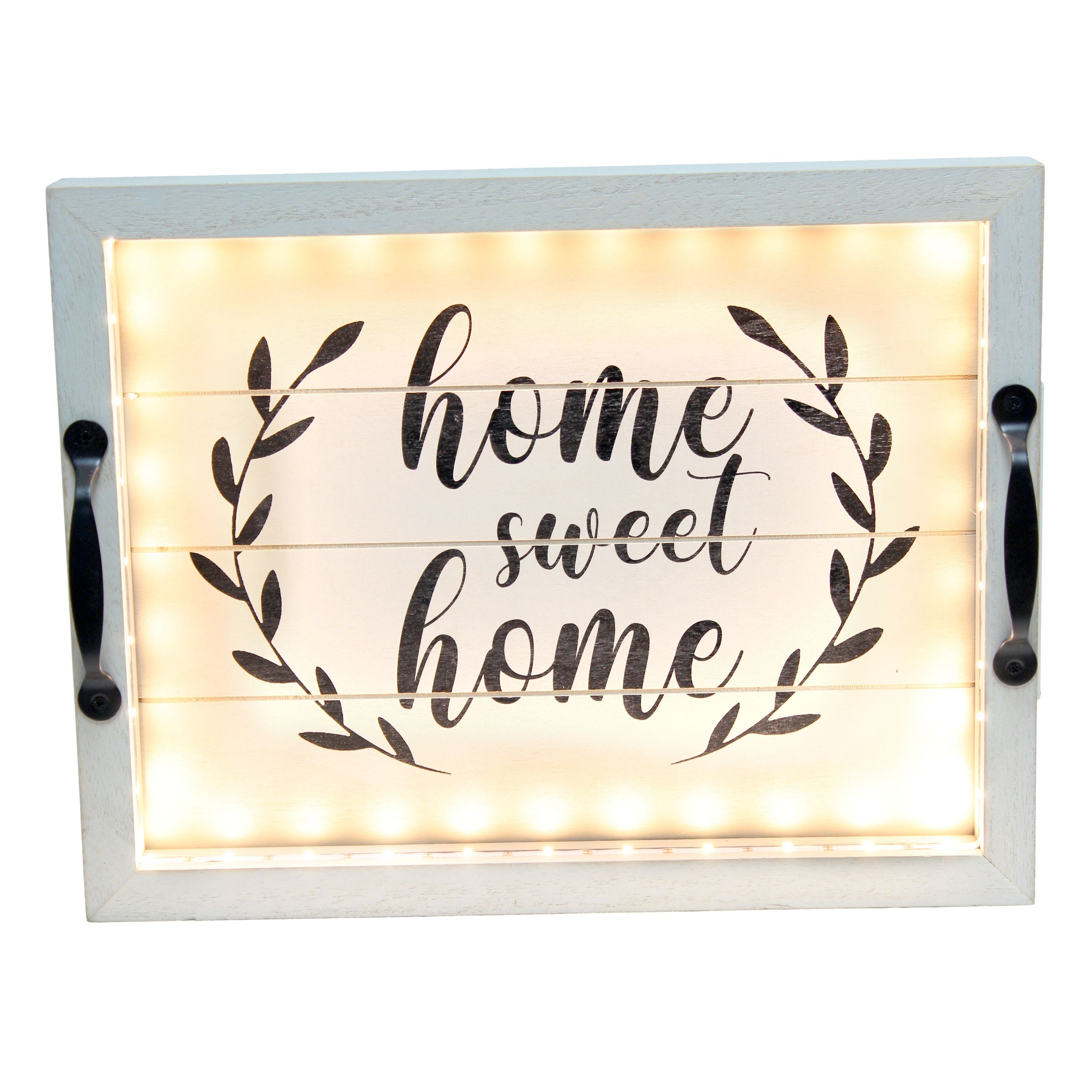 Elegant Designs Salento Farmhouse Rectangular Decorative Led Light Up Wooden Serving Tray With Black Metal Handles And 'Home Sweet Home' In Black Script For Home Decor, Ottoman, Centerpiece, Breakfast, Coffee, Entertaining, Gray Wash