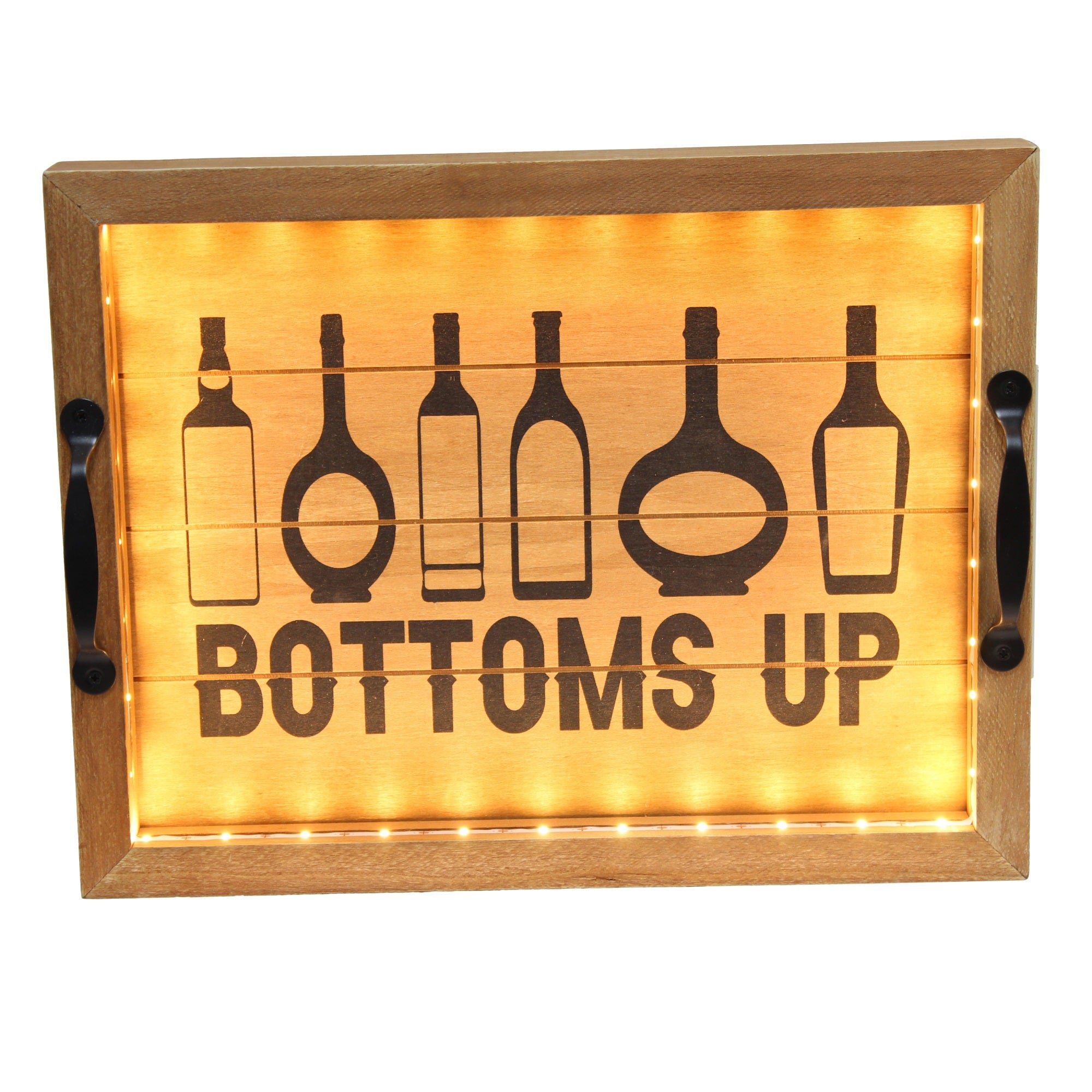 Elegant Designs Salento Farmhouse Rectangular Decorative Led Light Up Wooden Serving Tray With Black Metal Handles And 'Bottoms Up' In Black Script For Home Decor, Ottoman, Centerpiece, Breakfast, Coffee, Bar, Entertaining, Natural