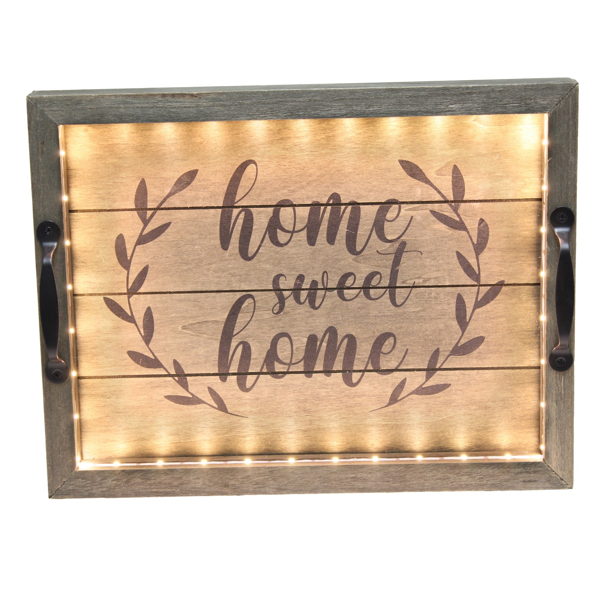 Elegant Designs Salento Farmhouse Rectangular Decorative Led Light Up Wooden Serving Tray With Black Metal Handles And 'Home Sweet Home' In Black Script For Home Decor, Ottoman, Centerpiece, Breakfast, Coffee, Bar, Entertaining, Rustic Gray