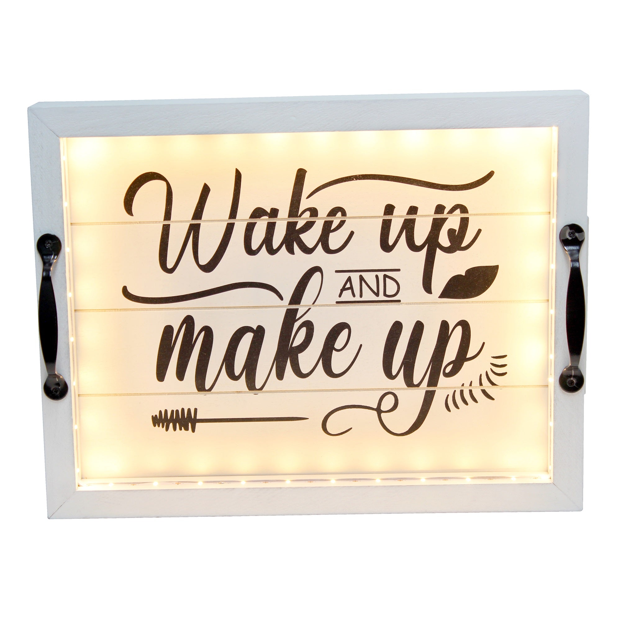 Elegant Designs Salento Farmhouse Rectangular Decorative Led Light Up Wooden Serving Tray With Black Metal Handles And 'Wake Up And Make Up' In Black Script For Home Decor, Ottoman, Centerpiece, Breakfast, Coffee, Bar, Entertaining, White Wash
