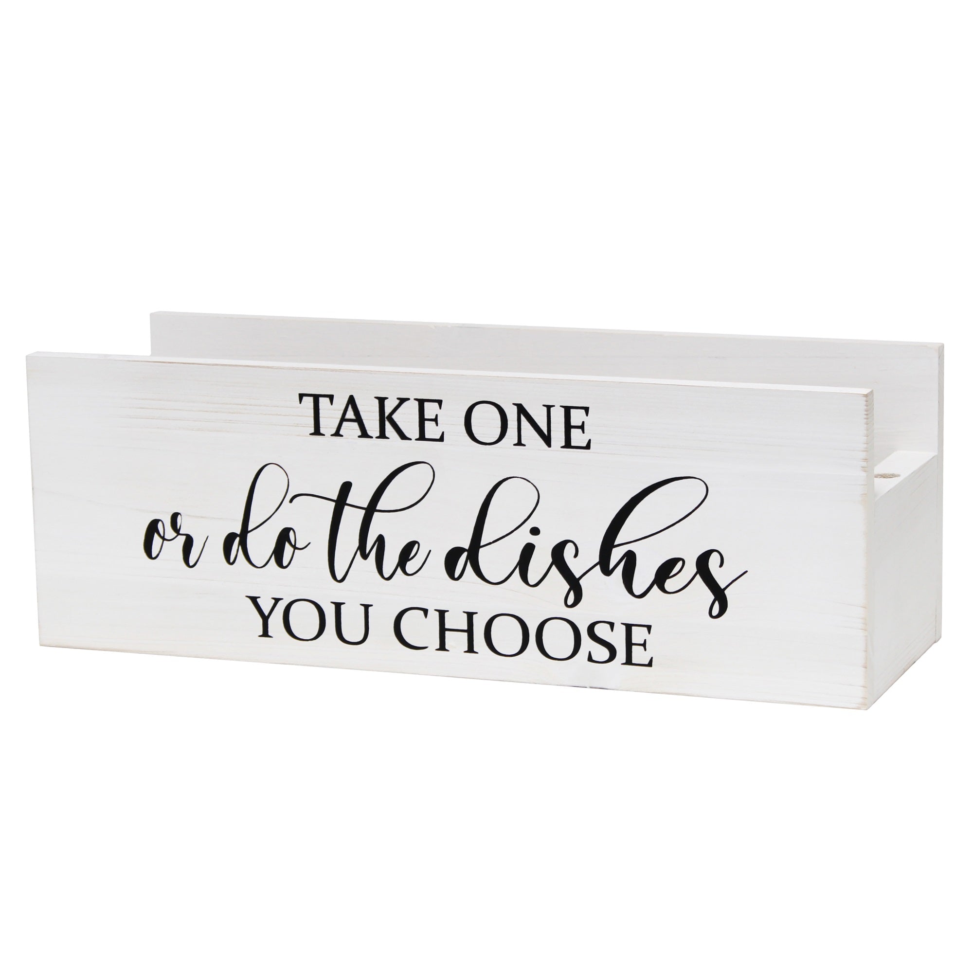 Elegant Designs Pantry Picks Farmhouse Wooden Kitchen Countertop Organizer For Plates, Cups, Utensils, Napkins, Condiments 'Take One Or Do The Dishes You Choose' Script In Black And Marker Slot To Mark Your Cup For Table, Bbq, Events, White Wash