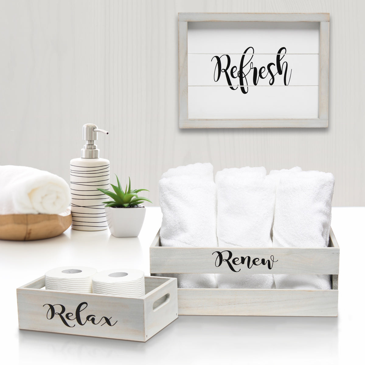 Elegant Designs Three Piece Decorative Wood Bathroom Set, Large, Inspirational  (1 Towel Holder, 1 Frame, 1 Toilet Paper Holder)