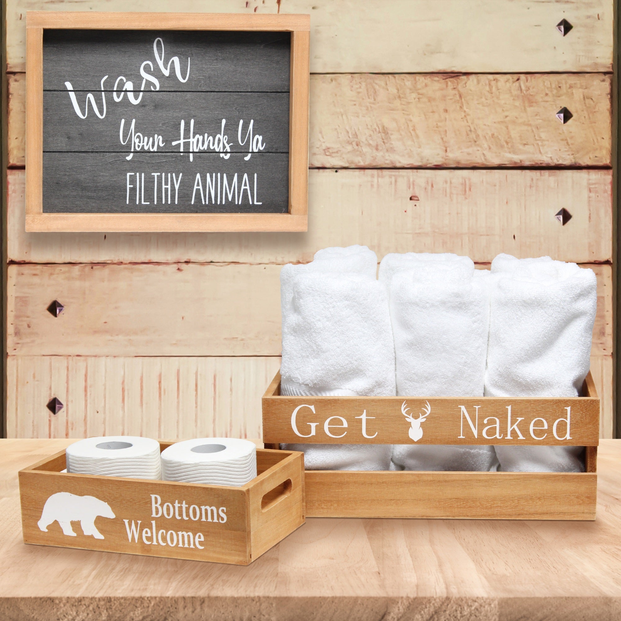 Elegant Designs Three Piece Decorative Wood Bathroom Set, Large, Cabin/Lodge/Rustic  (1 Towel Holder, 1 Frame, 1 Toilet Paper Holder)