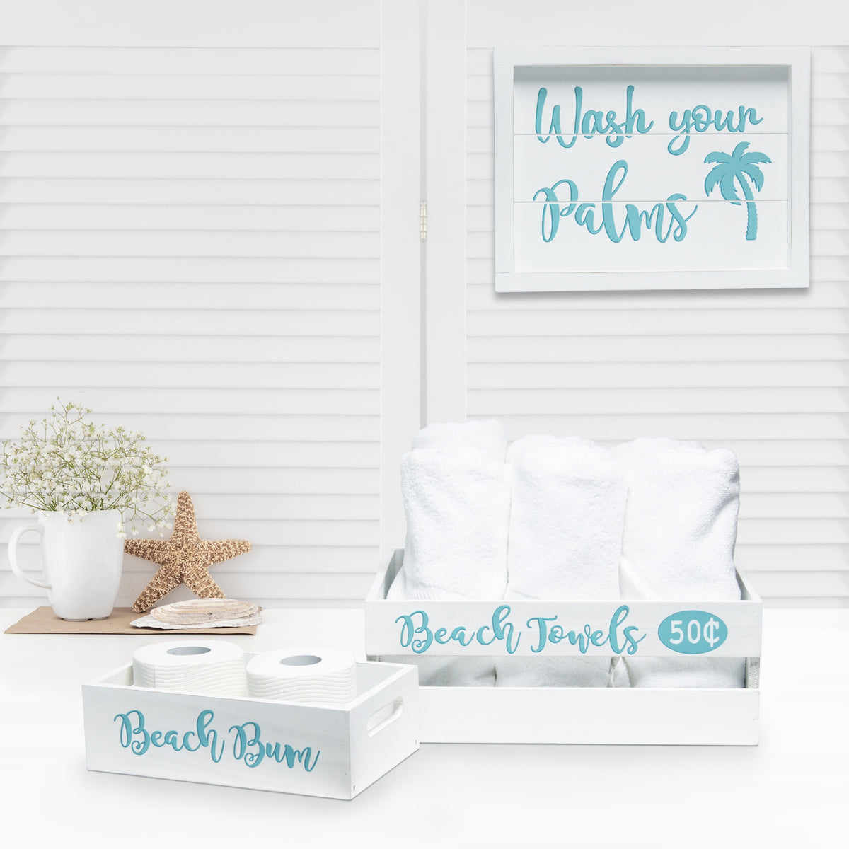 Elegant Designs Three Piece Decorative Wood Bathroom Set, Large, Coastal/Beach  (1 Towel Holder, 1 Frame, 1 Toilet Paper Holder)