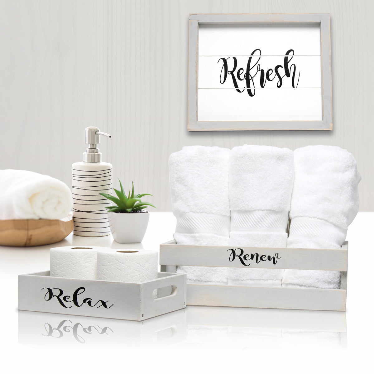 Elegant Designs Three Piece Decorative Wood Bathroom Set, Small, Inspirational  (1 Towel Holder, 1 Frame, 1 Toilet Paper Holder)