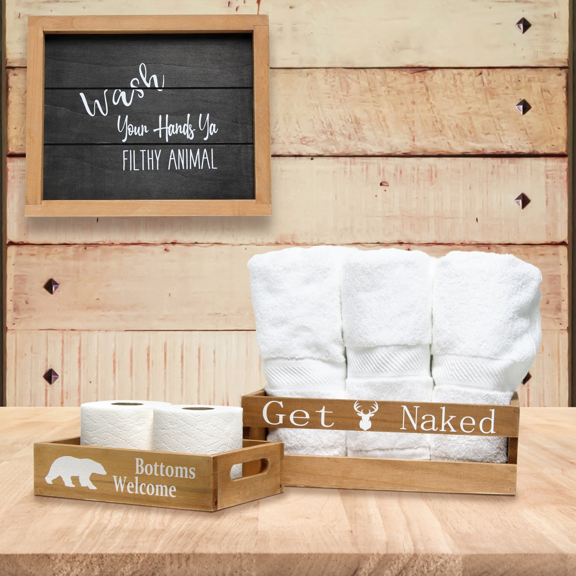 Elegant Designs Three Piece Decorative Wood Bathroom Set, Small, Cabin/Lodge/Rustic  (1 Towel Holder, 1 Frame, 1 Toilet Paper Holder)