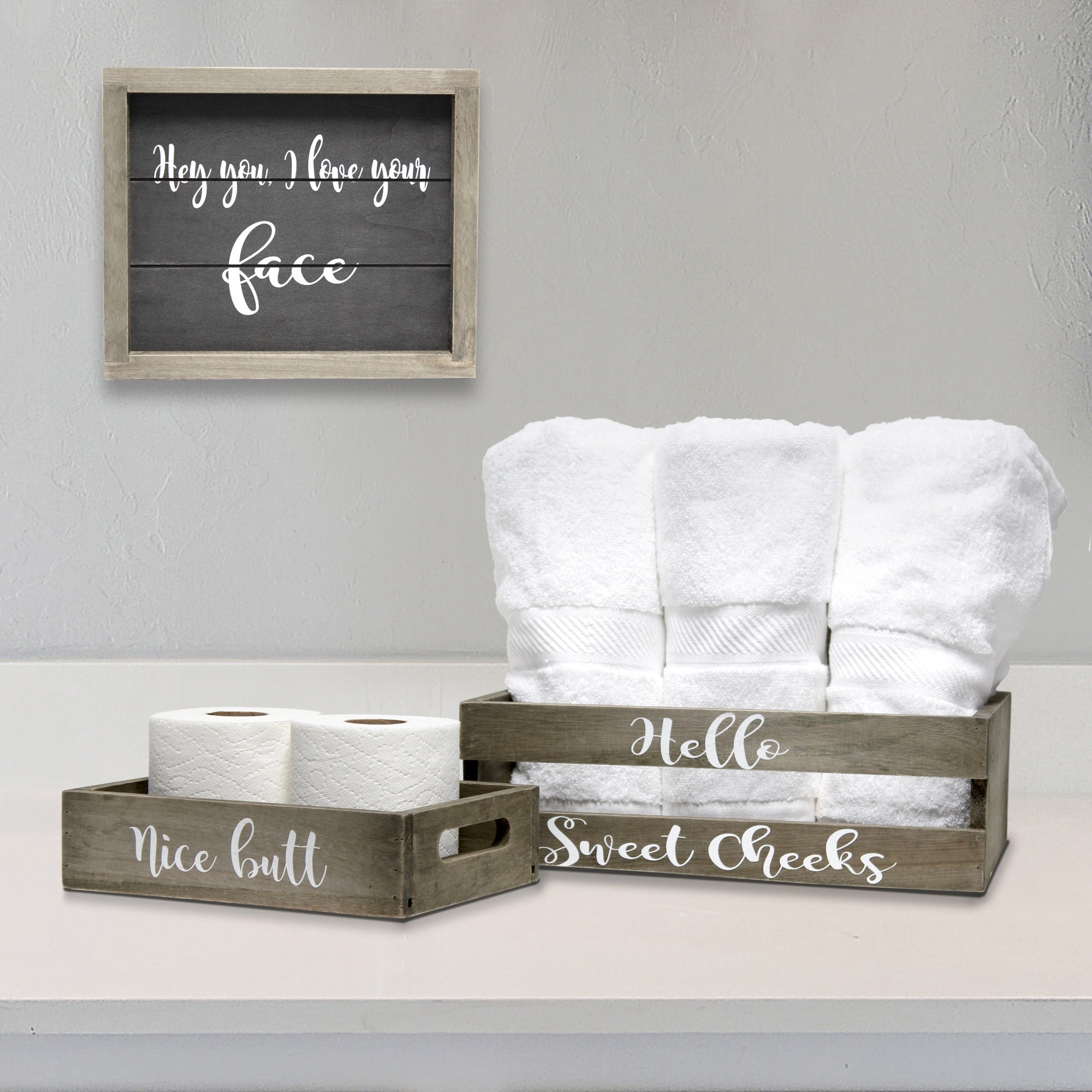 Elegant Designs Three Piece Decorative Wood Bathroom Set, Small, Cheeky  (1 Towel Holder, 1 Frame, 1 Toilet Paper Holder)