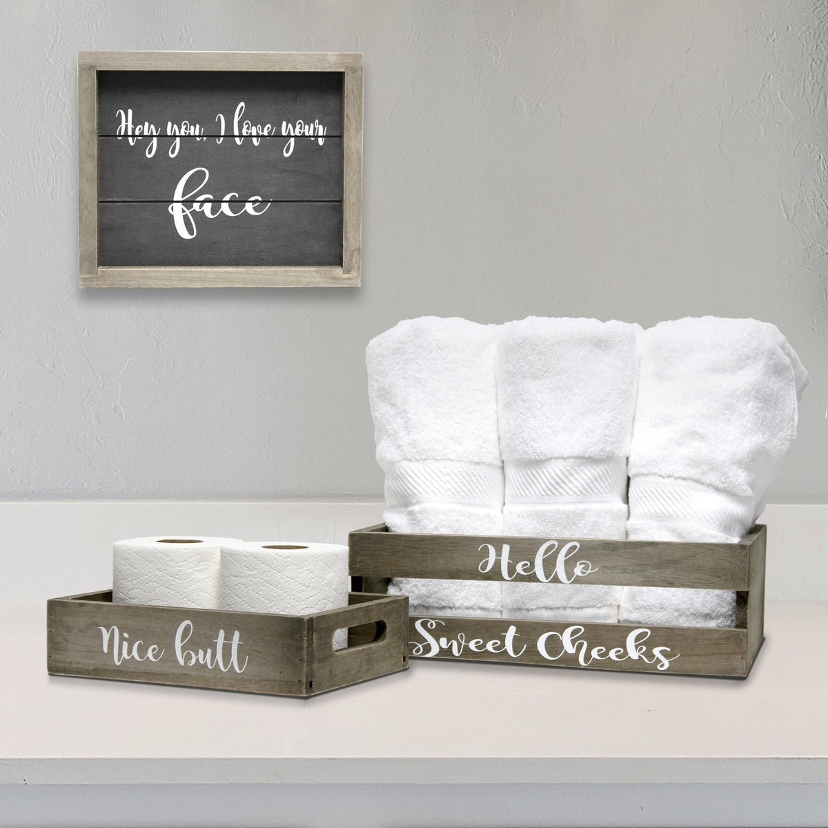 Elegant Designs Three Piece Decorative Wood Bathroom Set, Small, Cheeky  (1 Towel Holder, 1 Frame, 1 Toilet Paper Holder)