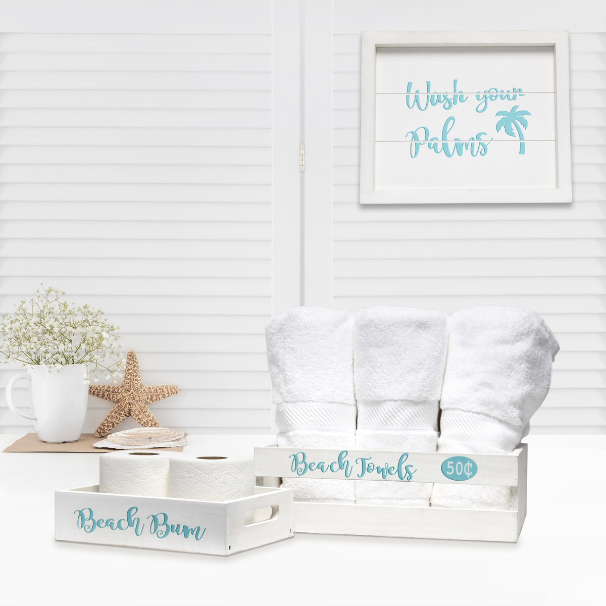 Elegant Designs Three Piece Decorative Wood Bathroom Set, Small, Coastal/Beach  (1 Towel Holder, 1 Frame, 1 Toilet Paper Holder)