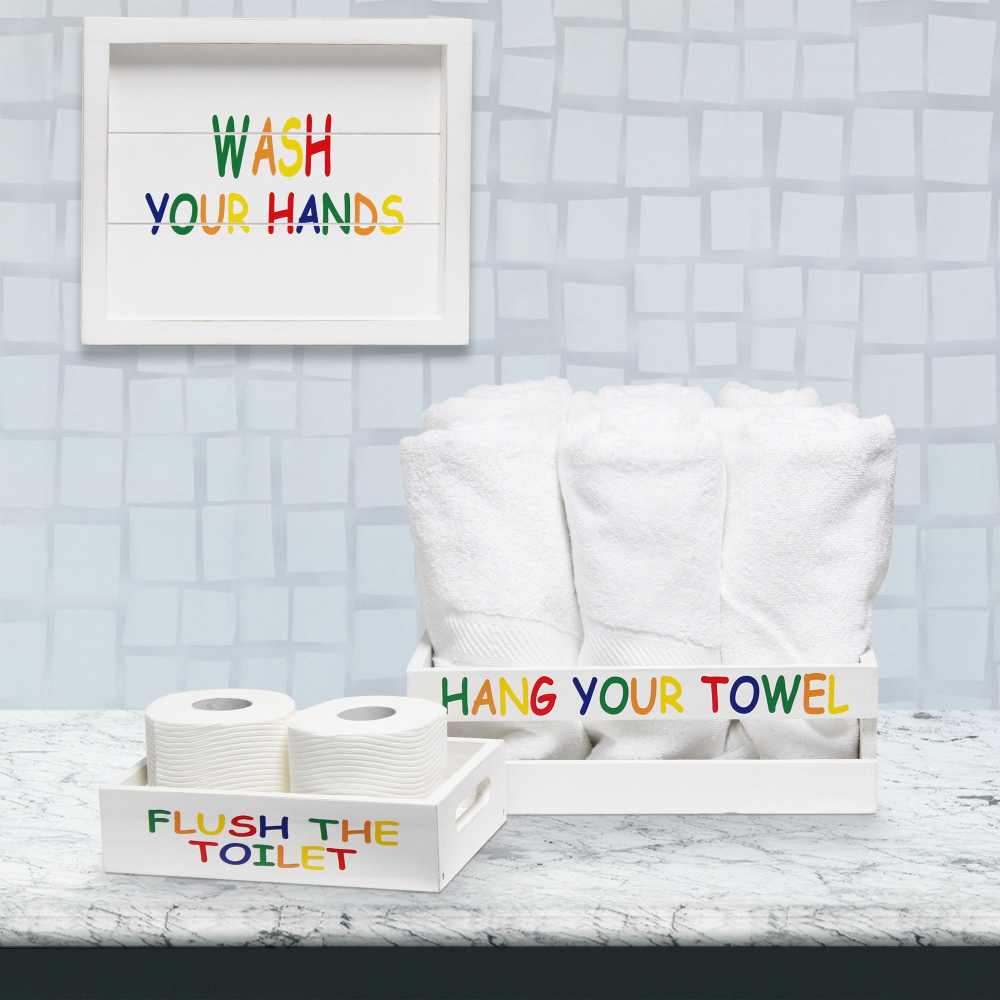 Elegant Designs Three Piece Decorative Wood Bathroom Set, Small, Kids  (1 Towel Holder, 1 Frame, 1 Toilet Paper Holder)