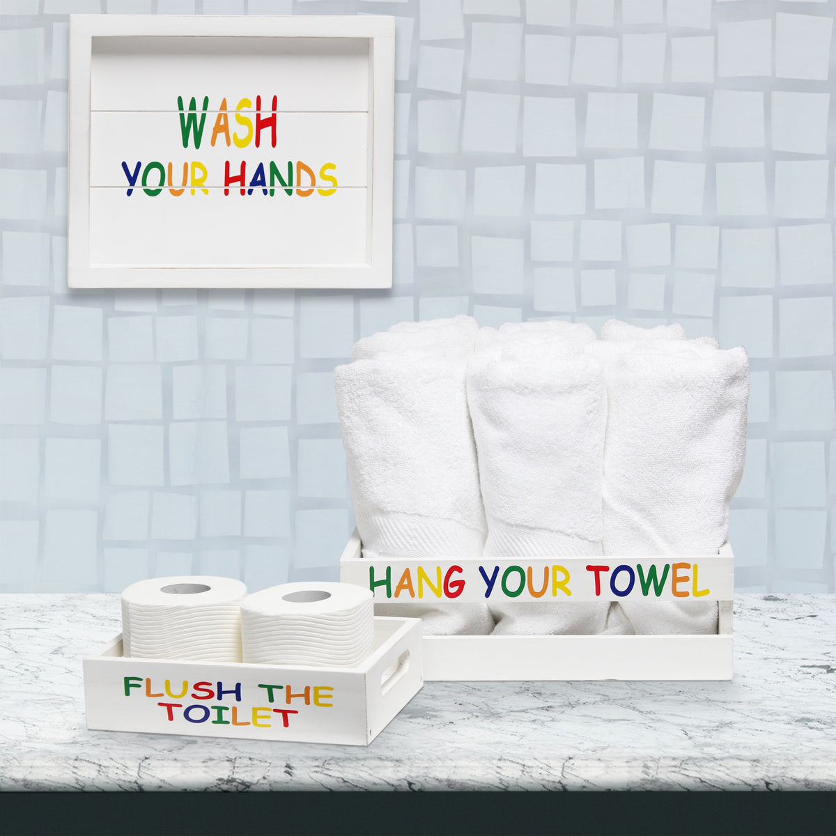 Elegant Designs Three Piece Decorative Wood Bathroom Set, Small, Kids  (1 Towel Holder, 1 Frame, 1 Toilet Paper Holder)