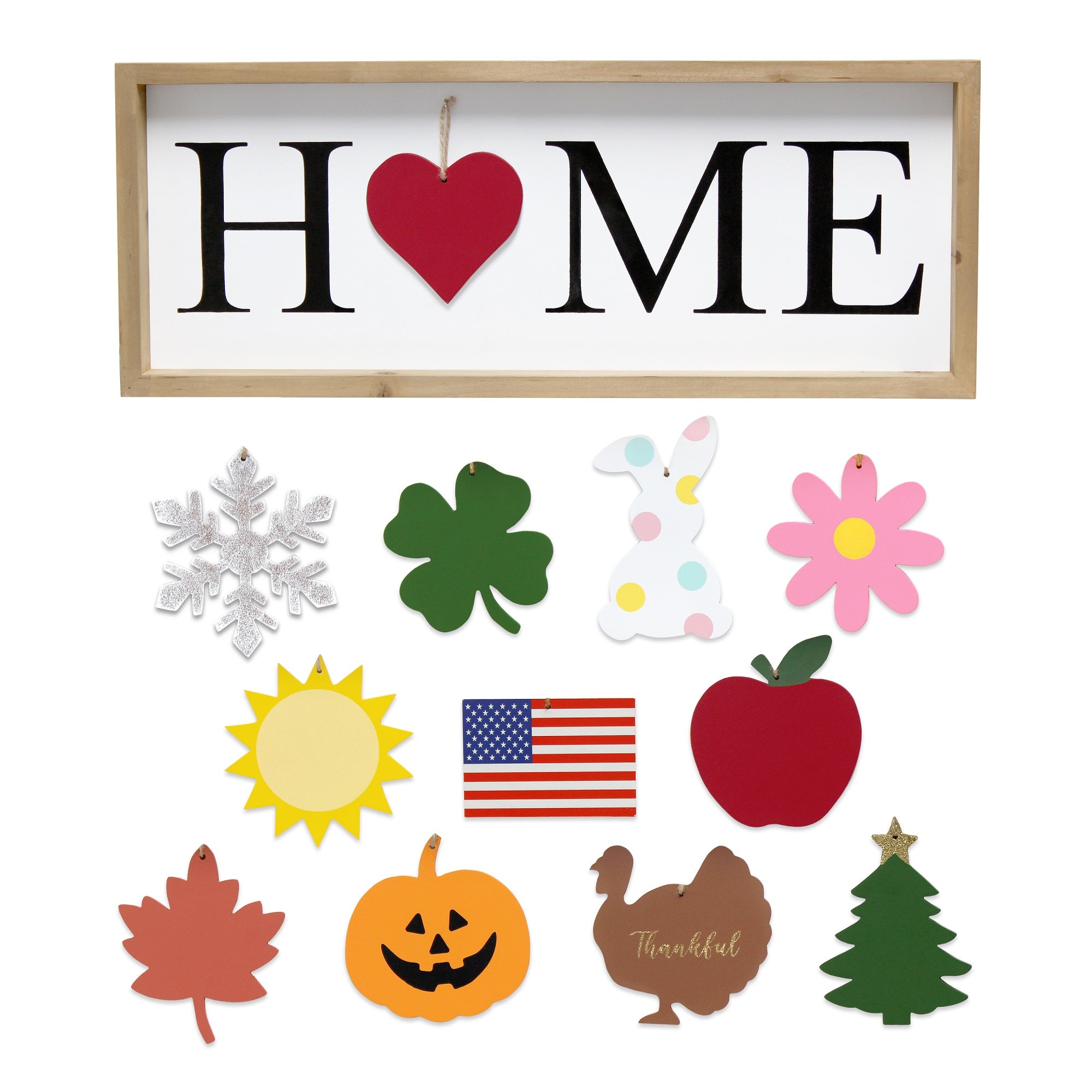 Elegant Designs Rustic Farmhouse Wooden Seasonal Interchangeable Symbol 'Home' Frame With 12 Ornaments, Natural