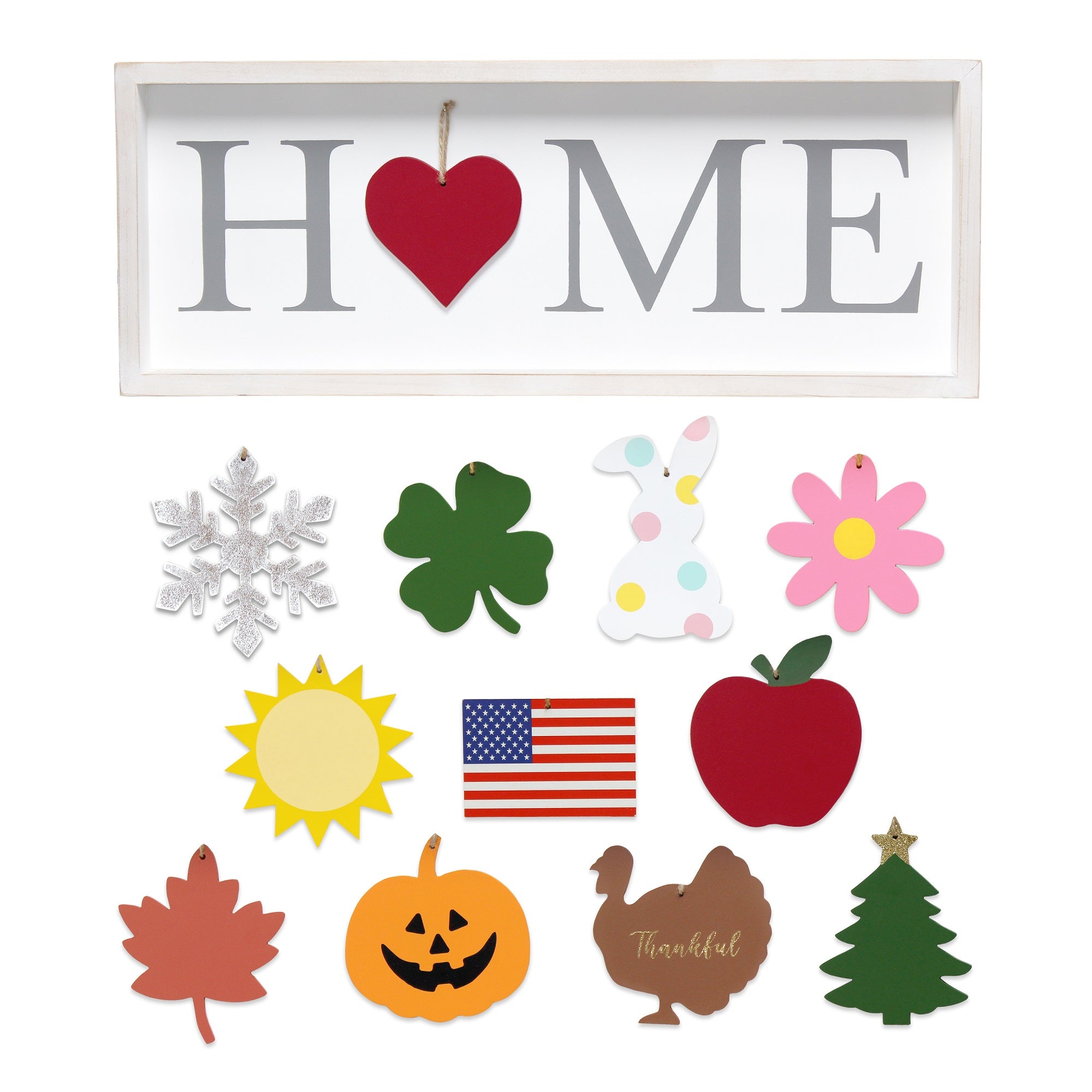Elegant Designs Rustic Farmhouse Wooden Seasonal Interchangeable Symbol 'Home' Frame With 12 Ornaments, White Wash