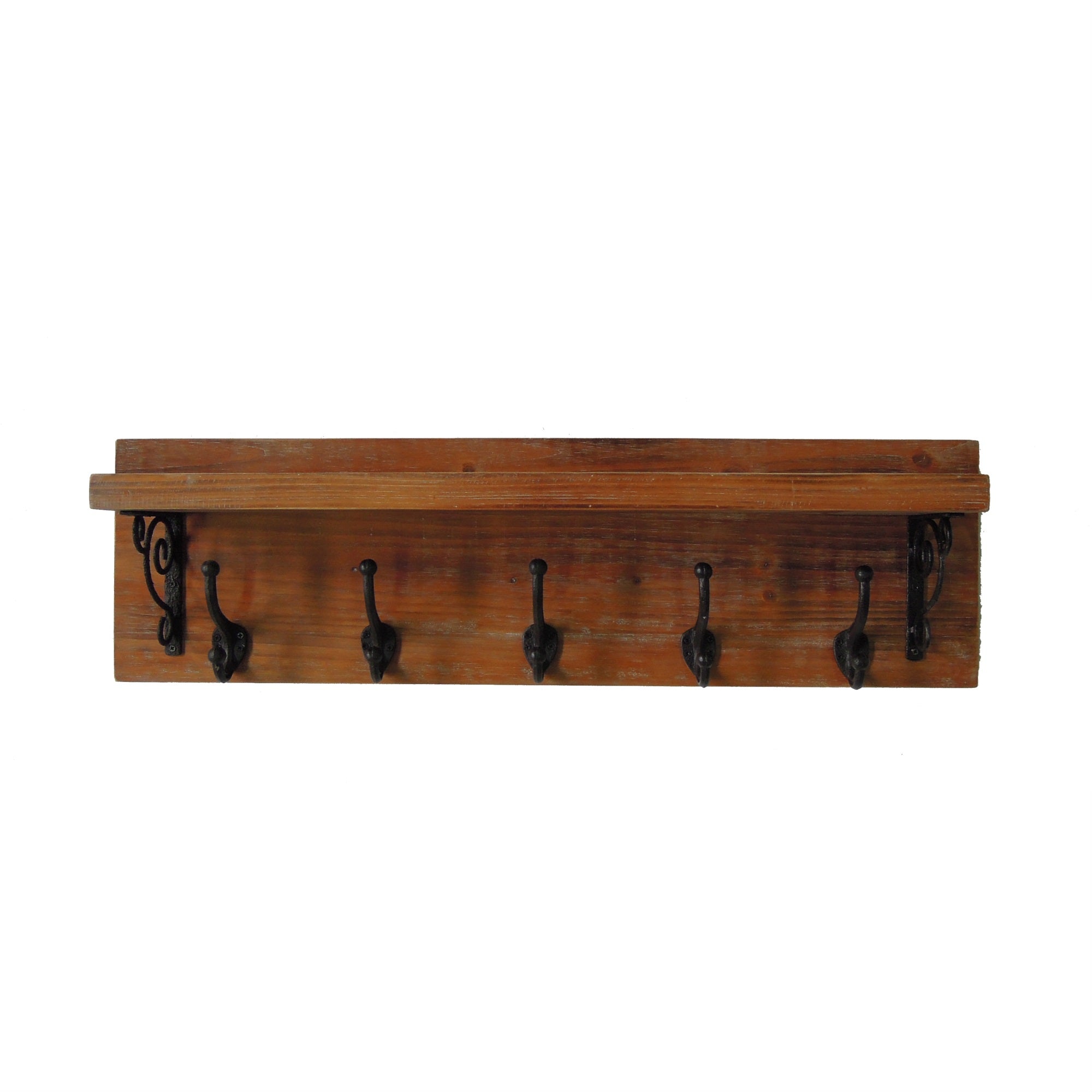 Wall Shelf With Metal Hooks, 42In With Natural Brown Finish.