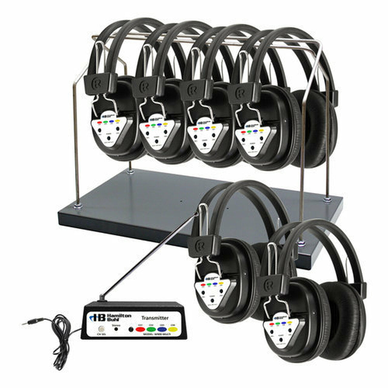 HamiltonBuhl Wireless 6 Person Listening Center with Multi-Frequency Transmitter, Wireless Headphones and Rack
