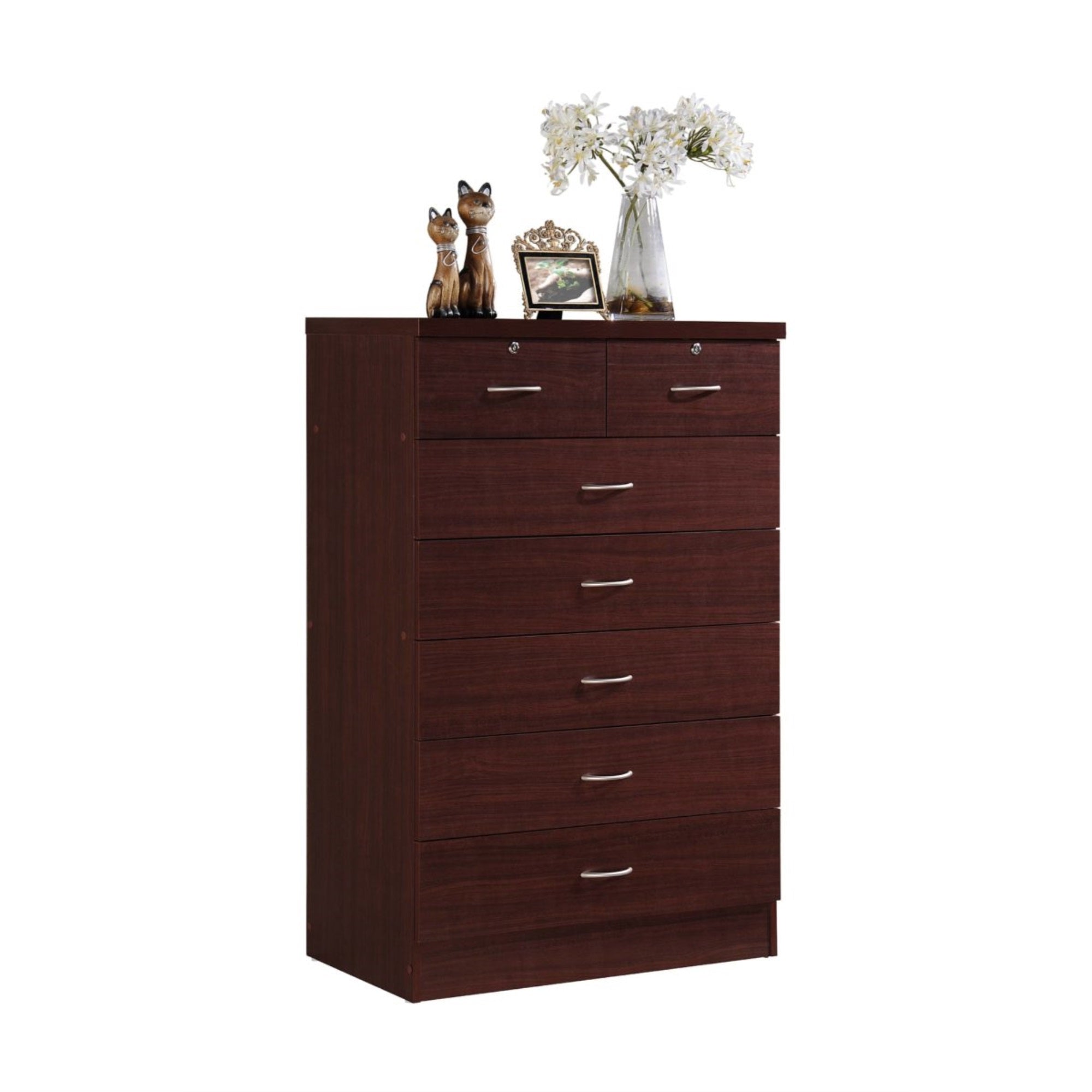 Hodedah 7-Drawer Chest with Locks on 2-Top Drawers in Mahogany
