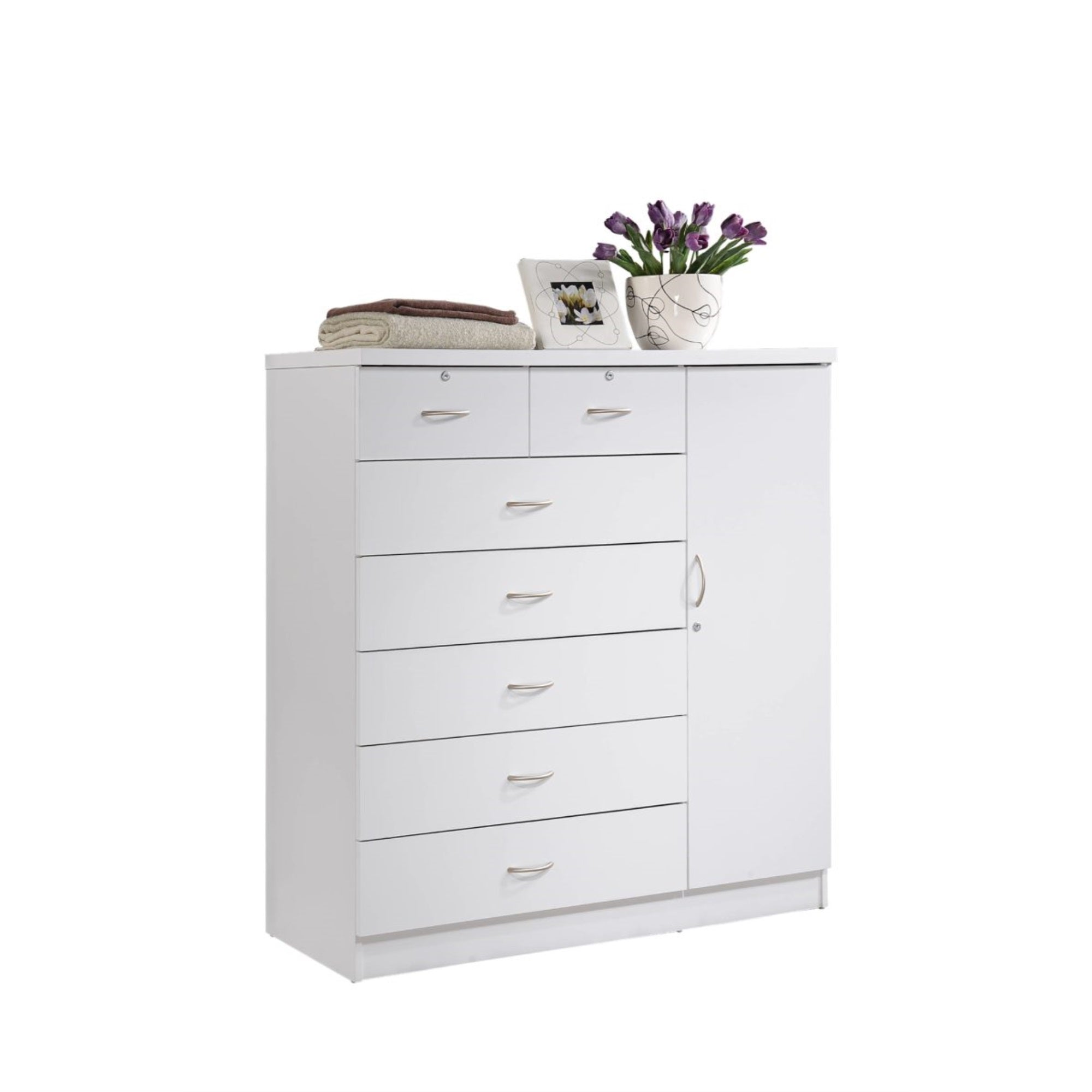Hodedah 7-Drawer Chest with Locks on 2-Top Drawers plus 1-Door with 3-Shelves in White