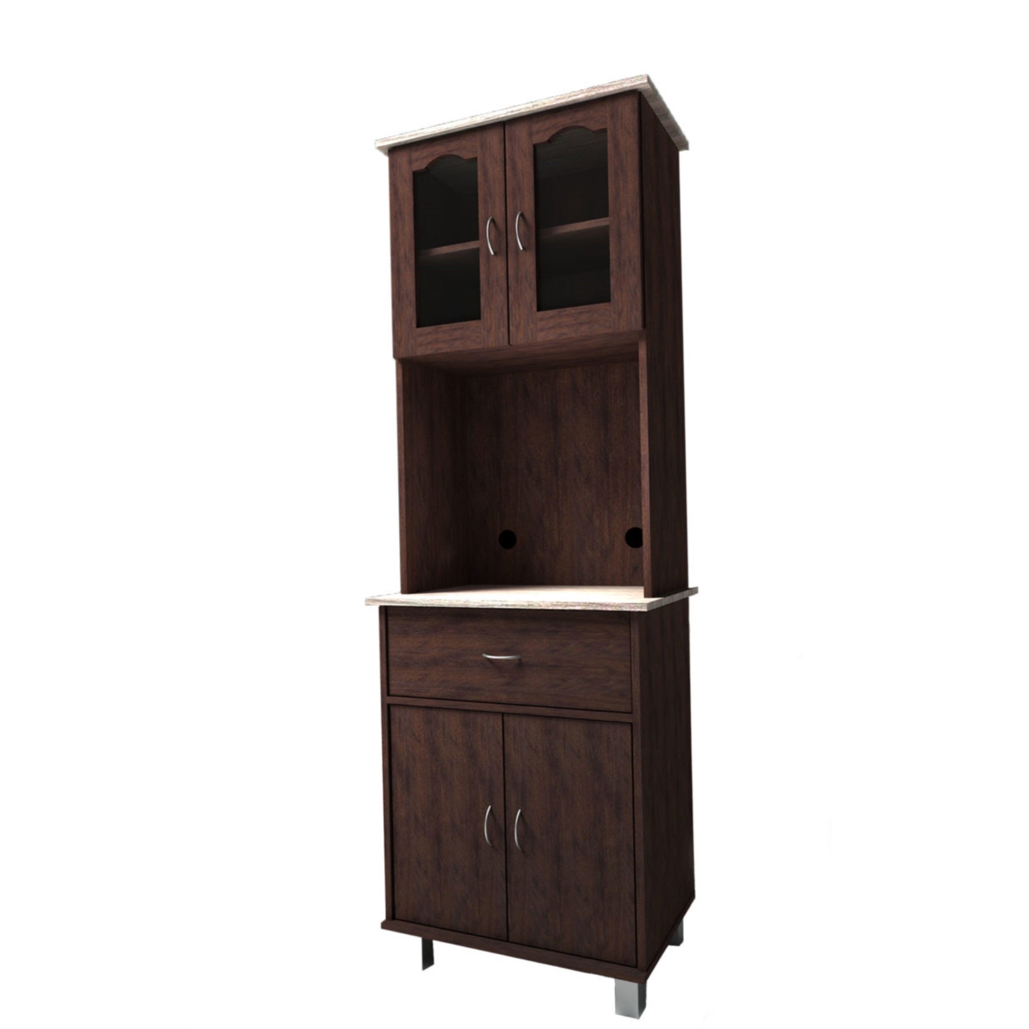 Hodedah Kitchen Cabinet With Top And Bottom Enclosed Cabinet Space, 1-Drawer, Plus Large Open Space For Microwave In Chocolate-G