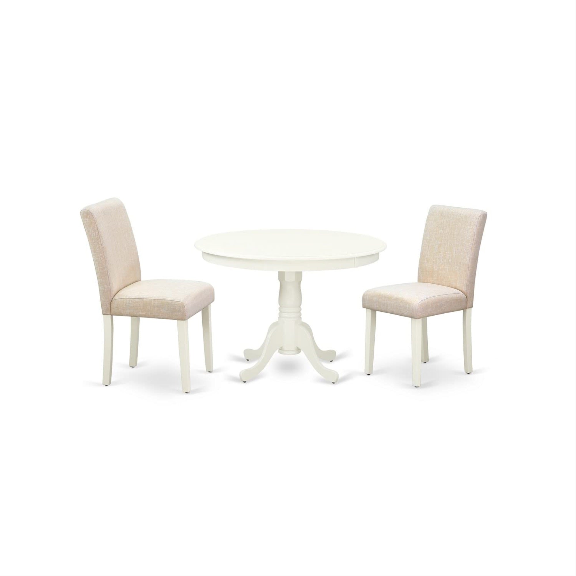 East West Furniture HLAB3-LWH-02 3 Piece Dining Set Contains a Round Dining Room Table with Pedestal and 2 Light Beige Linen Fabric Upholstered Parson Chairs, 42x42 Inch, Linen White