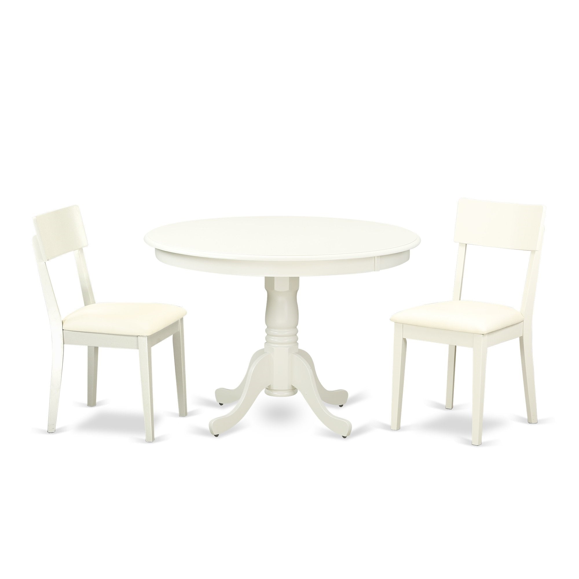 East West Furniture Hlad3-Lwh-Lc 3 Piece Dining Table Set For Small Spaces Contains A Round Dining Room Table With Pedestal And 2 Faux Leather Upholstered Chairs, 42X42 Inch, Linen White