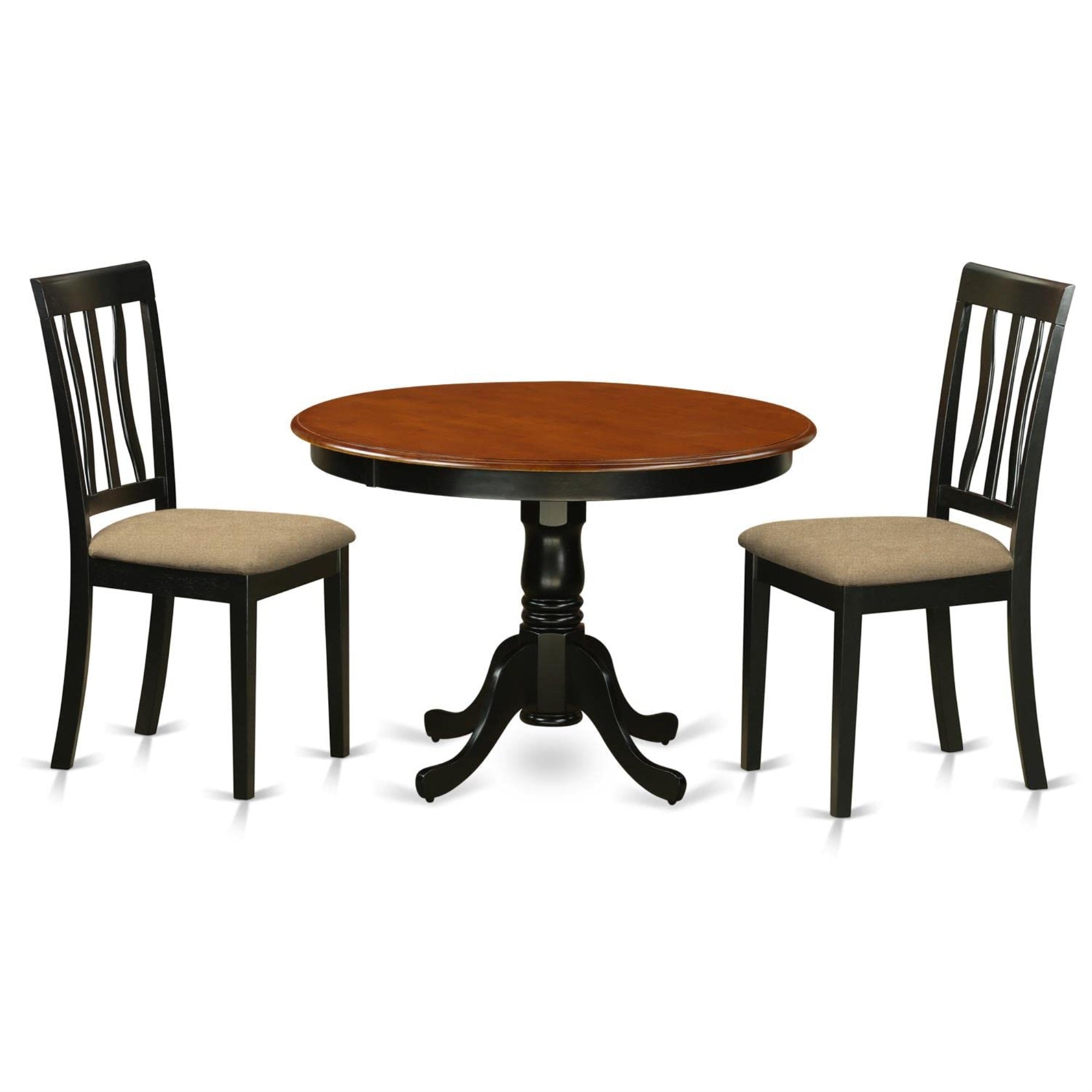 Casafoyer Hlan3-Bch-C 3 Piece Modern Dining Table Set Contains A Round Wooden Table With Pedestal And 2 Linen Fabric Kitchen Dining Chairs, 42X42 Inch, Black & Cherry