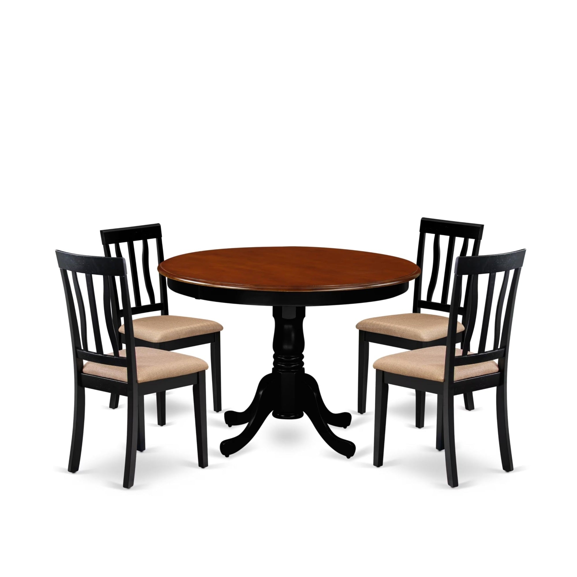 Casafoyer Hlan5-Bch-C 5 Piece Kitchen Table Set For 4 Includes A Round Dining Room Table With Pedestal And 4 Linen Fabric Upholstered Dining Chairs, 42X42 Inch, Black & Cherry